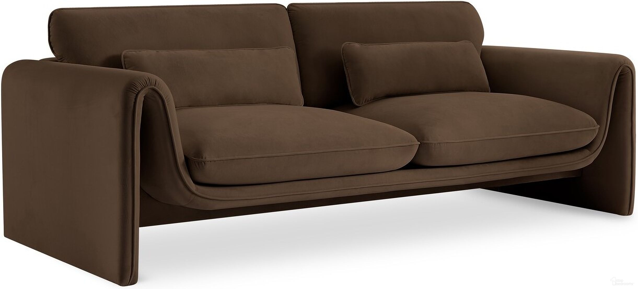 The appearance of Sloan Velvet Fabric Sofa In Brown designed by Meridian in the modern / contemporary interior design. This brown piece of furniture  was selected by 1StopBedrooms from Sloan Collection to add a touch of cosiness and style into your home. Sku: 199Brown-S. Material: Velvet.