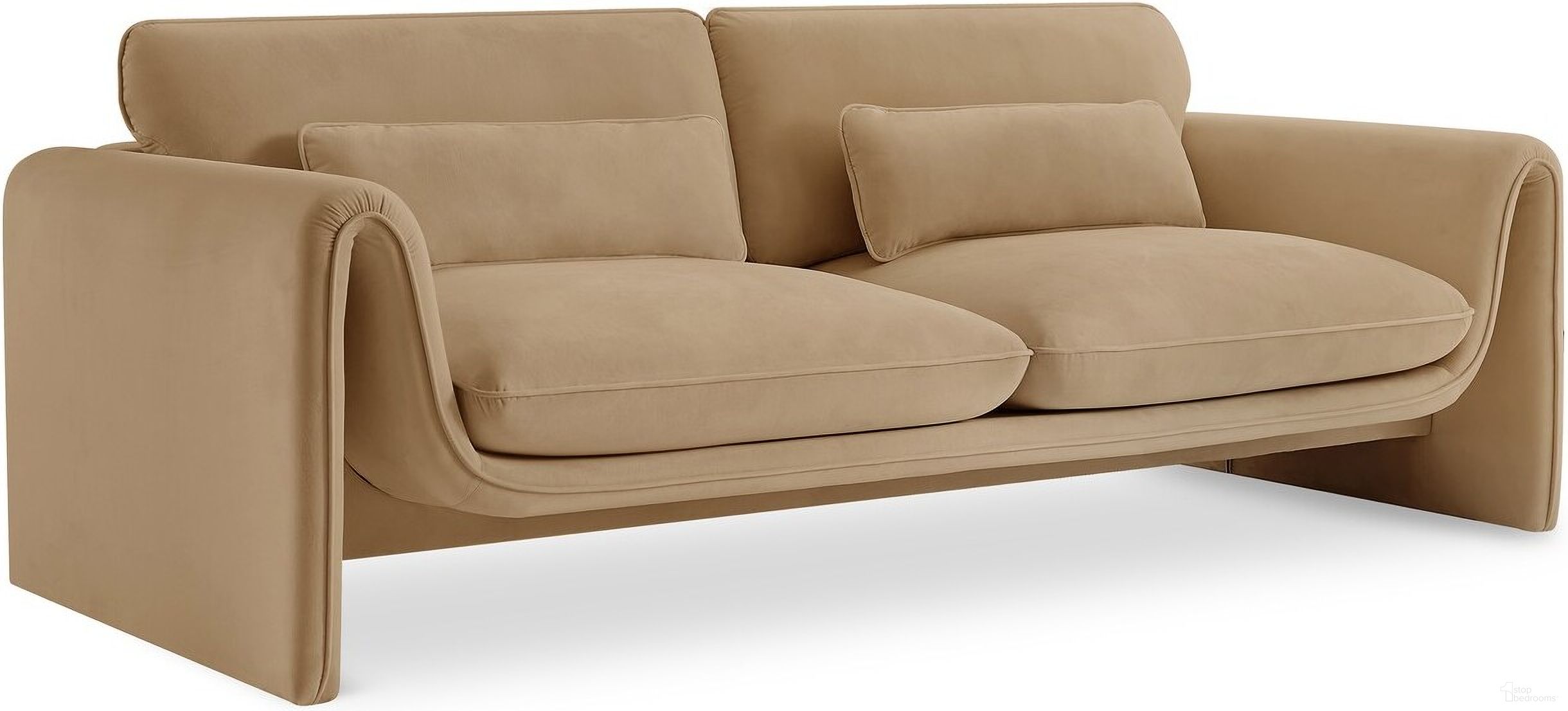 The appearance of Sloan Velvet Fabric Sofa In Camel designed by Meridian in the modern / contemporary interior design. This camel piece of furniture was selected by 1StopBedrooms from Sloan Collection to add a touch of cosiness and style into your home. Sku: 199Camel-S. Material: Velvet.
