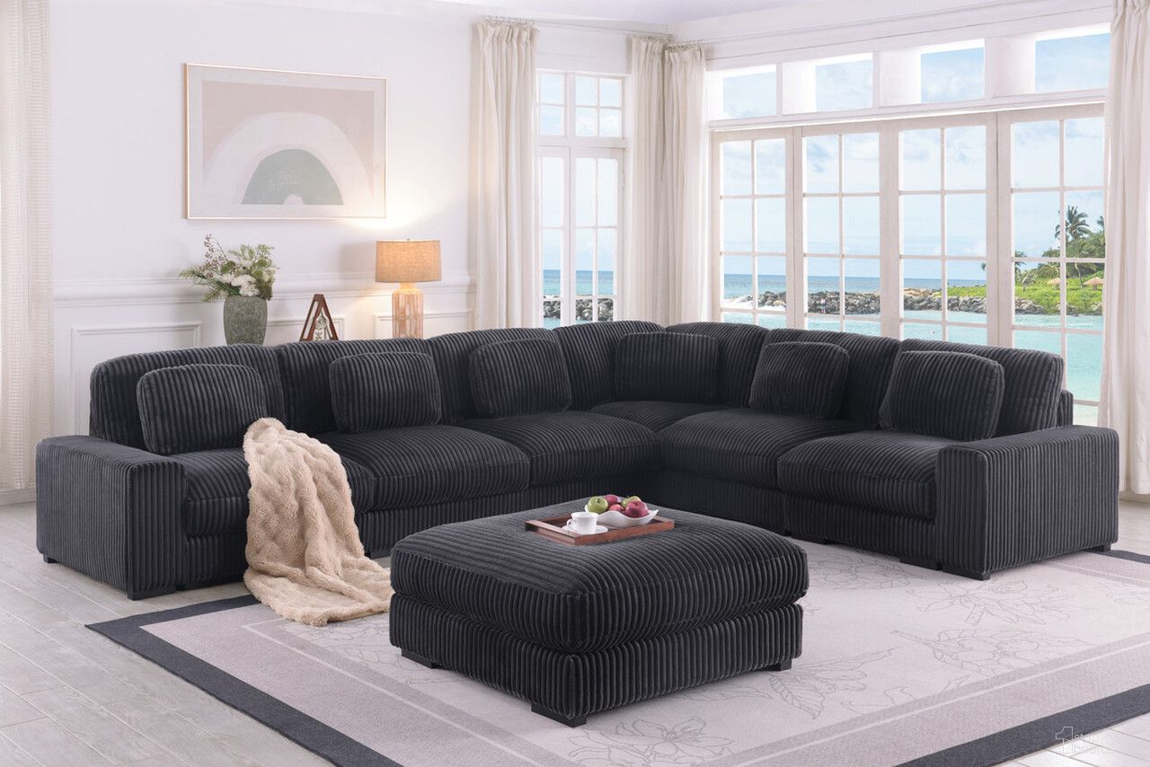 The appearance of Sloane 151 Inch Corduroy Fabric Reversible L-Shape Modular Sectional Sofa with Ottoman In Charcoal designed by Lilola Home in the modern / contemporary interior design. This charcoal piece of furniture was selected by 1StopBedrooms from Sloane Collection to add a touch of cosiness and style into your home. Sku: 81650-R;81650-RARM;81650-C;81650-A;81650-A;81650-A;81650-L;81650-LARM;81650-O. Layout: L-Shape. Material: Corduroy.