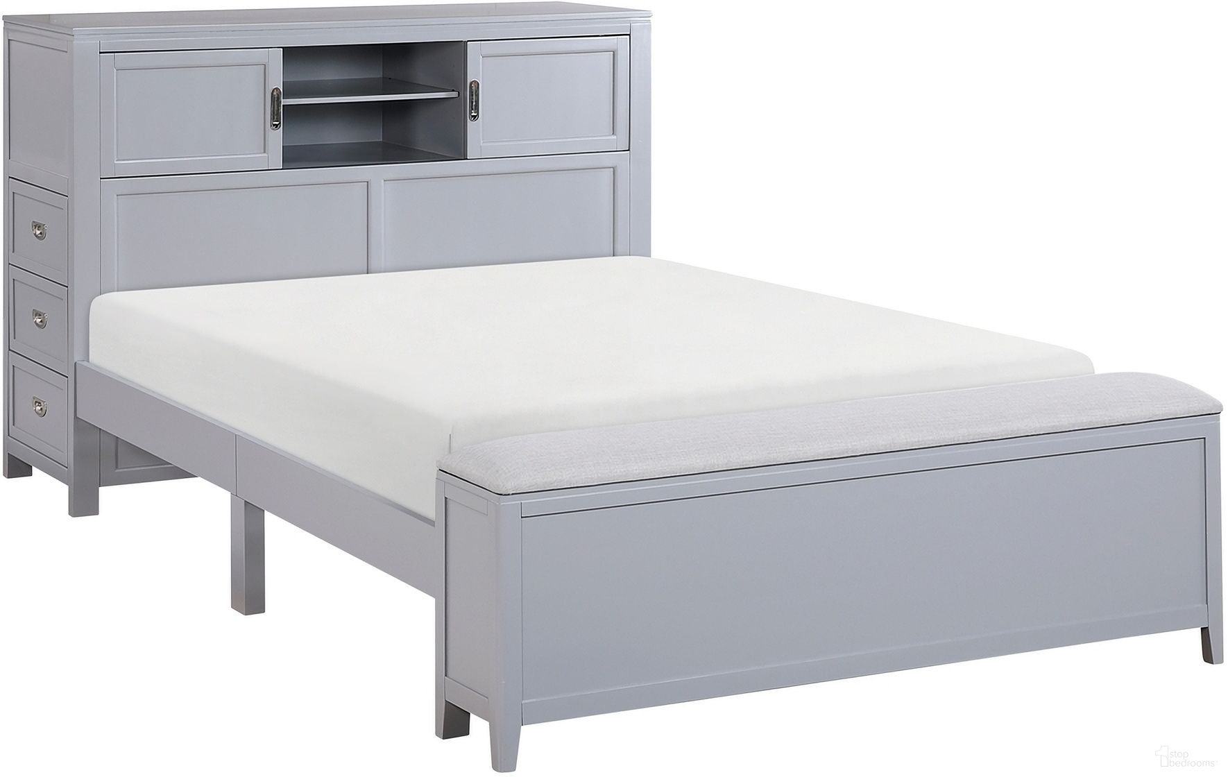 Sloane Full Bookcase Platform Bed with Hidden Desk, Stool and Storage Bench In Gray