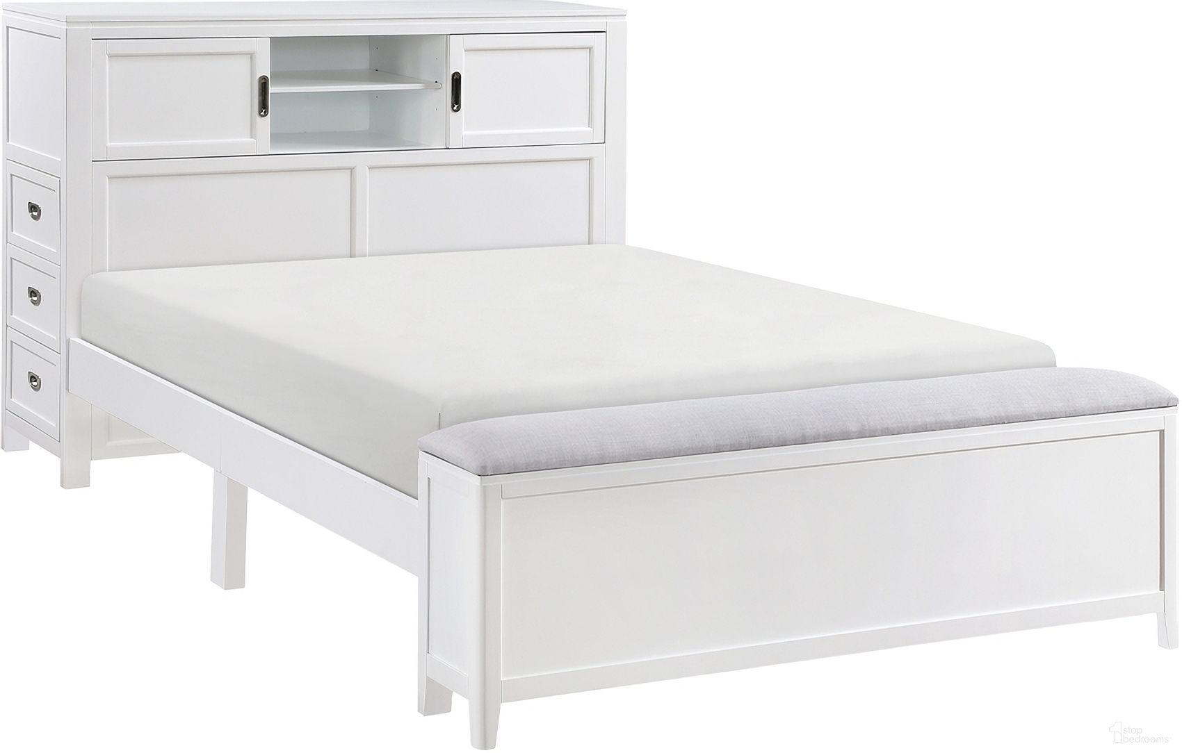 Sloane Full Bookcase Platform Bed with Hidden Desk, Stool and Storage Bench In White