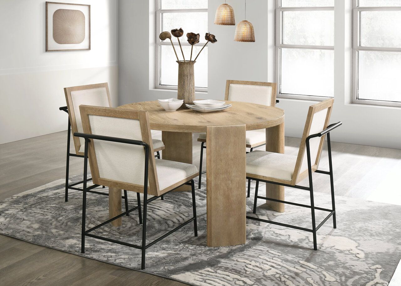 The appearance of Sloane Round Dining Room Set In Driftwood designed by Alpine in the transitional interior design. This driftwood piece of furniture was selected by 1StopBedrooms from Sloane Collection to add a touch of cosiness and style into your home. Sku: 3966-25;3966-02. Table Top Shape: Round. Size: 47". Material: Oak Veneer.