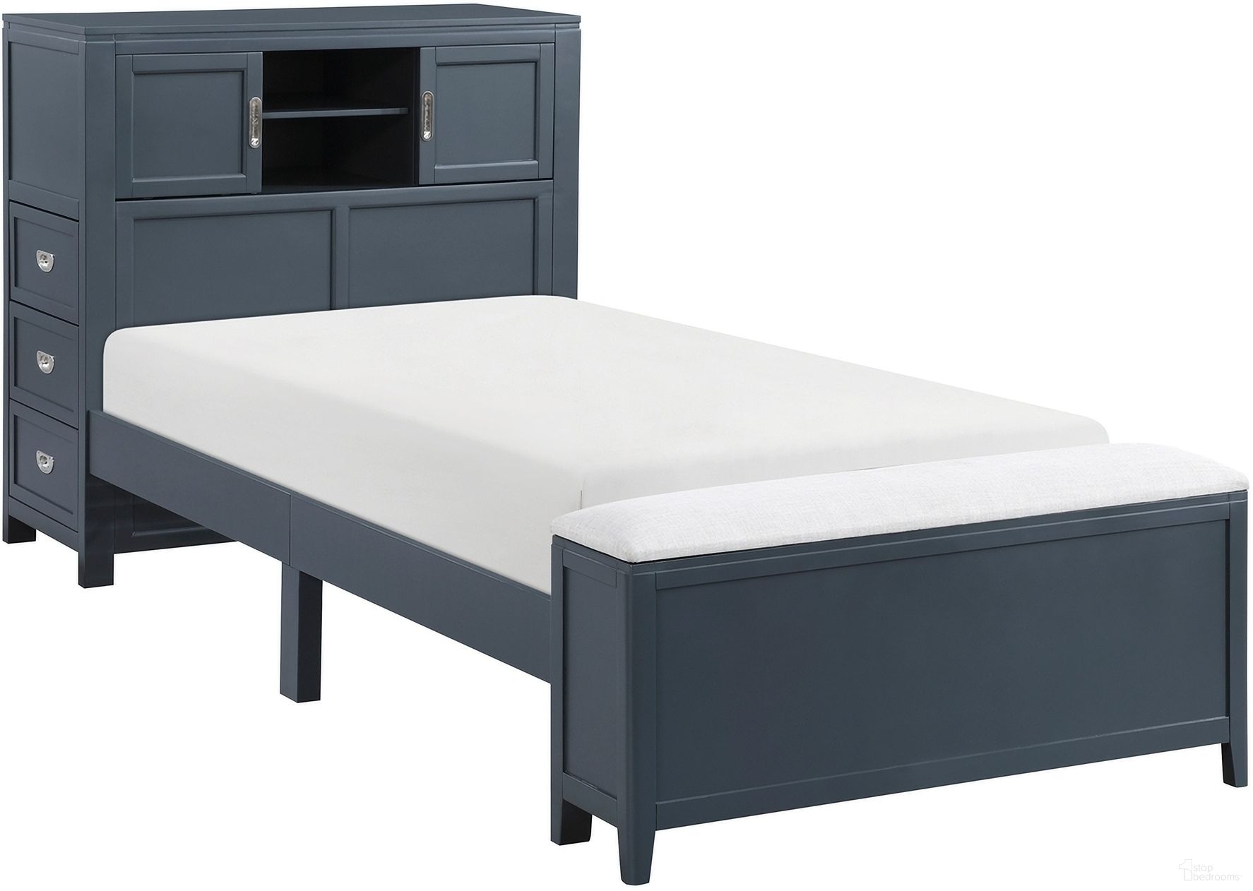 The appearance of Sloane Twin Bookcase Platform Bed with Hidden Desk, Stool and Storage Bench In Blue designed by Homelegance in the traditional interior design. This blue piece of furniture was selected by 1StopBedrooms from Sloane Collection to add a touch of cosiness and style into your home. Sku: B2024BUBC-1;B2024BUBC-3. Bed Type: Platform Bed. Material: Wood. Bed Size: Twin.