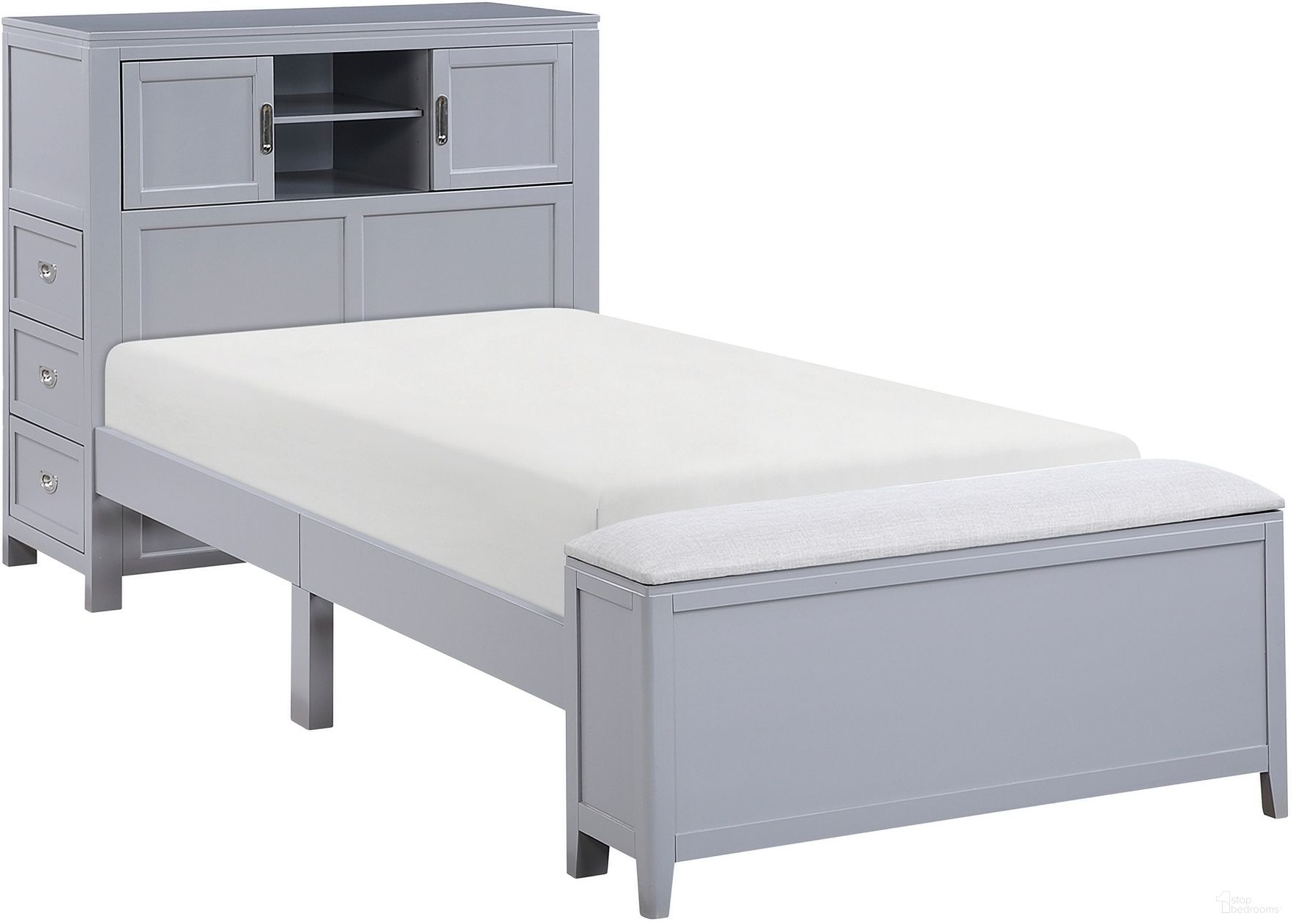 The appearance of Sloane Twin Bookcase Platform Bed with Hidden Desk, Stool and Storage Bench In Gray designed by Homelegance in the traditional interior design. This gray piece of furniture was selected by 1StopBedrooms from Sloane Collection to add a touch of cosiness and style into your home. Sku: B2024GYBC-1;B2024GYBC-3. Bed Type: Platform Bed. Material: Wood. Bed Size: Twin.