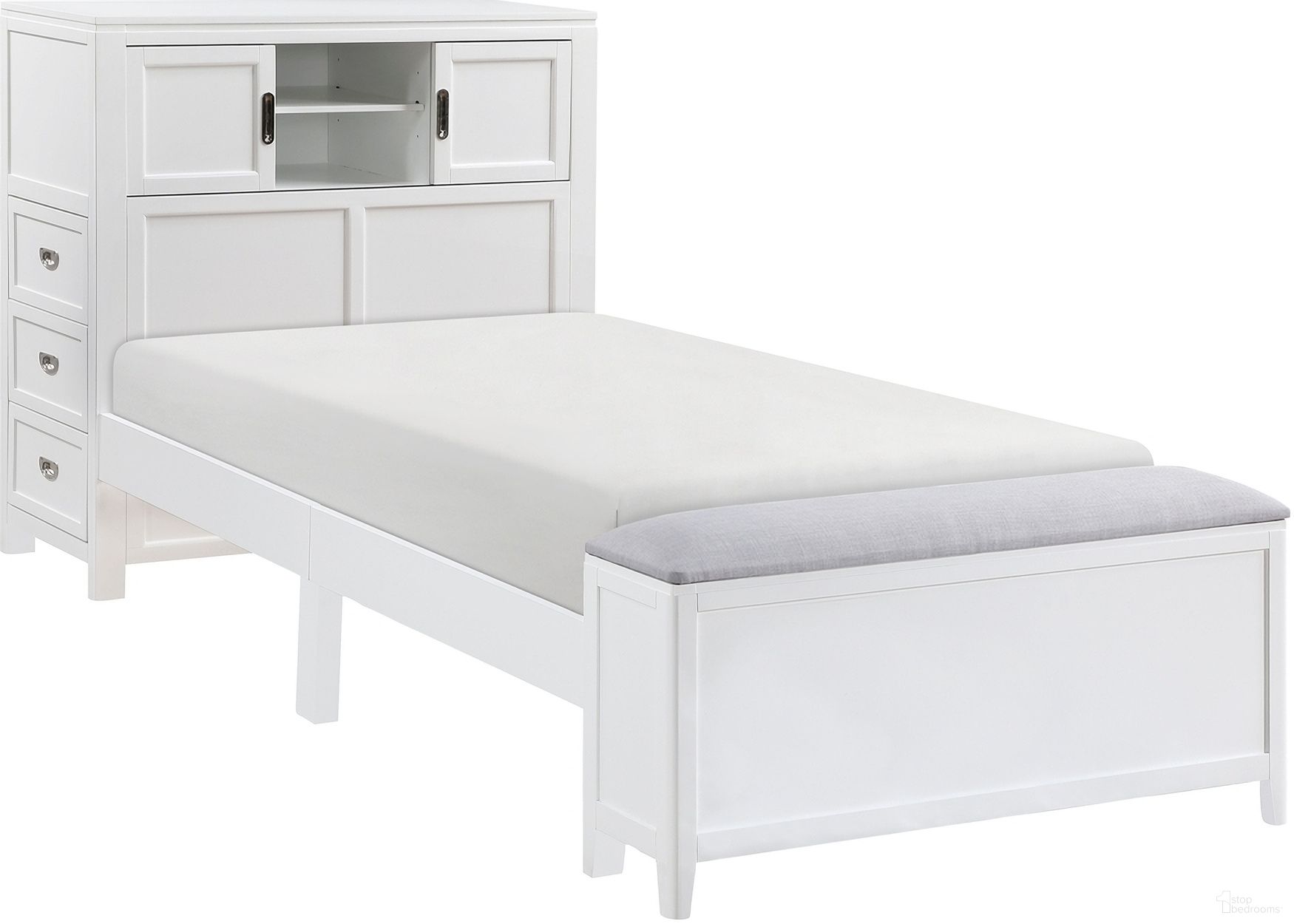 The appearance of Sloane Twin Bookcase Platform Bed with Hidden Desk, Stool and Storage Bench In White designed by Homelegance in the traditional interior design. This white piece of furniture was selected by 1StopBedrooms from Sloane Collection to add a touch of cosiness and style into your home. Sku: B2024WHBC-1;B2024WHBC-3. Bed Type: Platform Bed. Material: Wood. Bed Size: Twin.