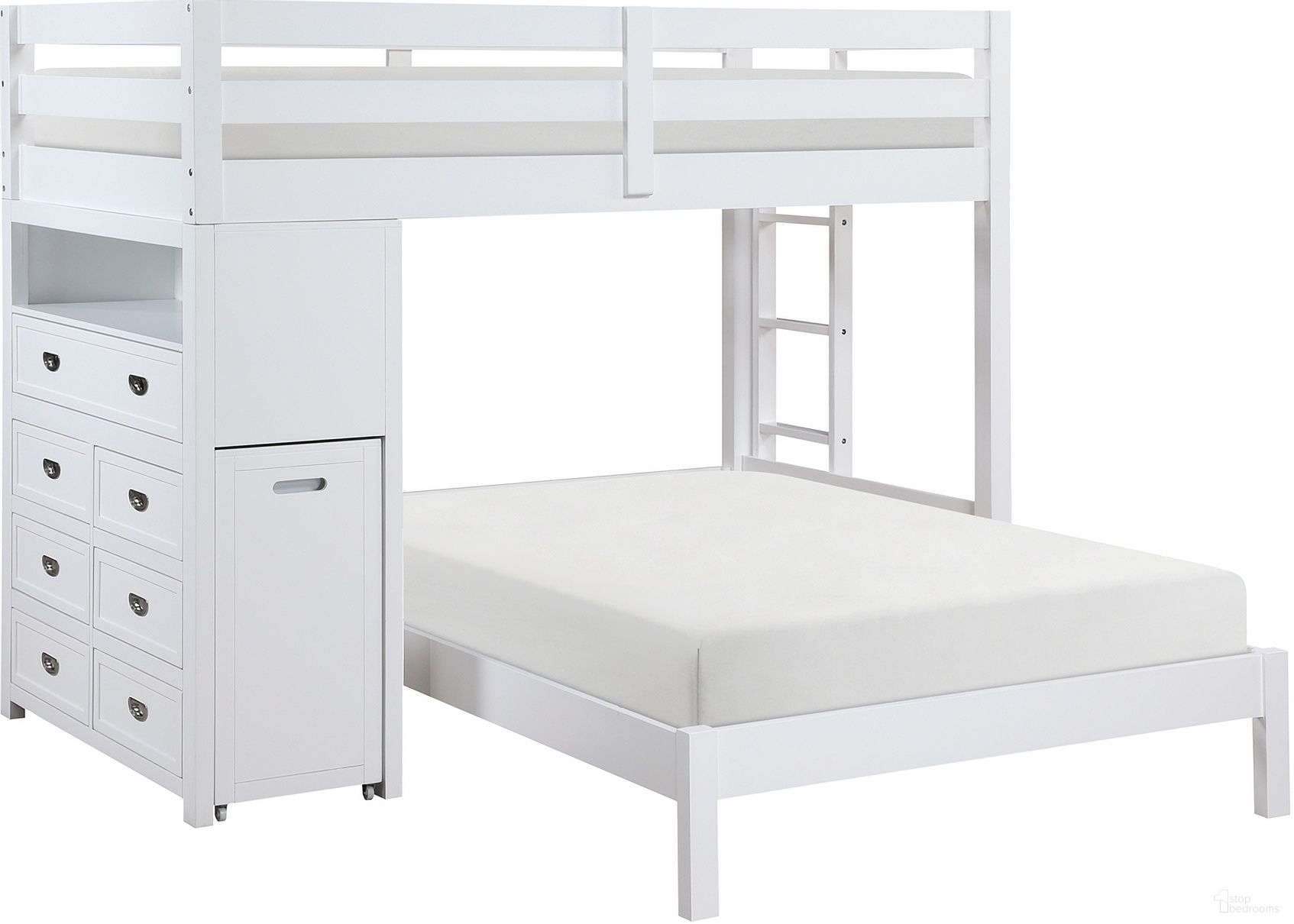 Sloane Twin over Full Loft Bunk Bed with Chest and Hidden Desk In White
