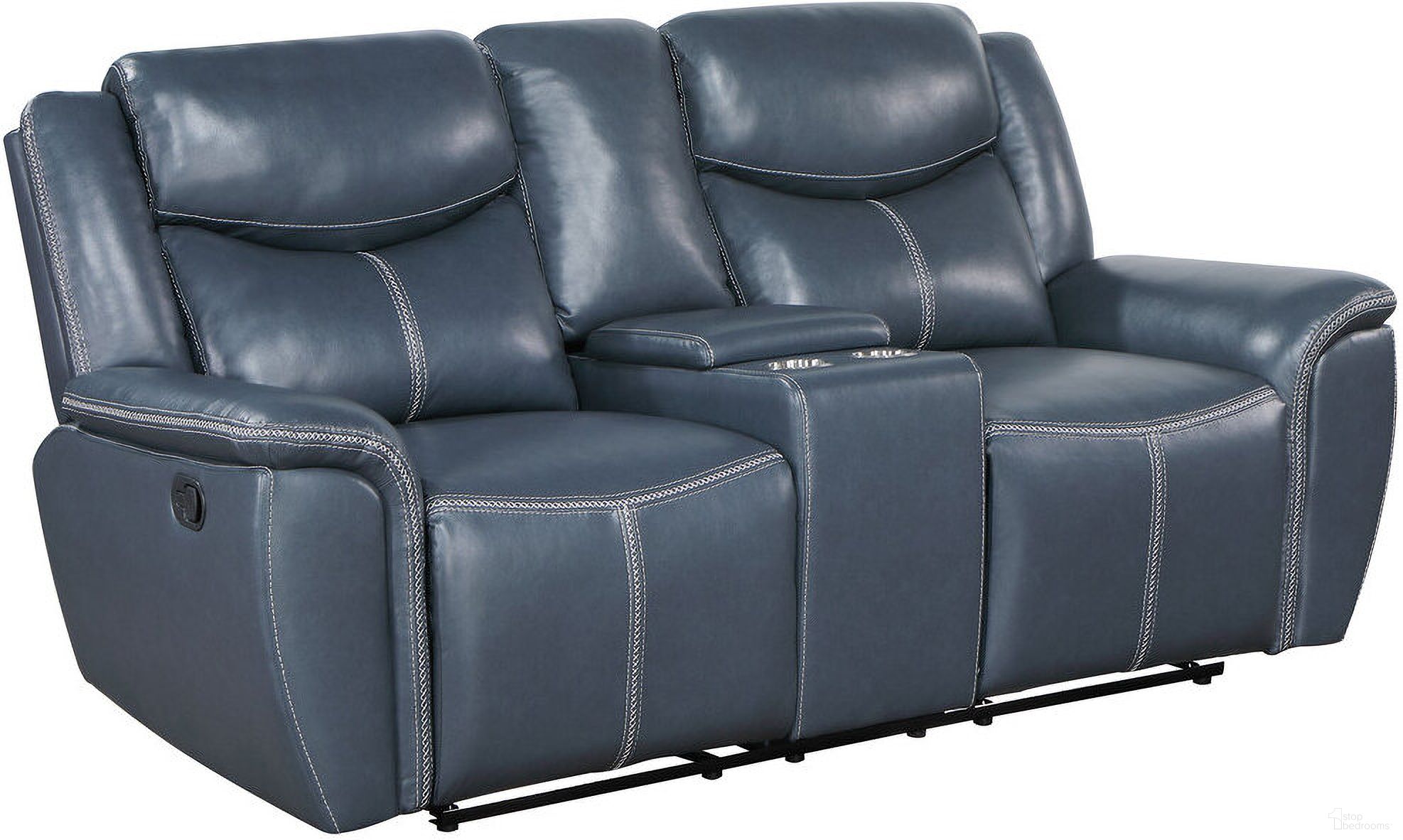 The appearance of Sloane Upholstered Motion Reclining Loveseat with Console Blue designed by Coaster in the transitional interior design. This blue piece of furniture  was selected by 1StopBedrooms from Sloane Collection to add a touch of cosiness and style into your home. Sku: 610272. Material: Upholstered.