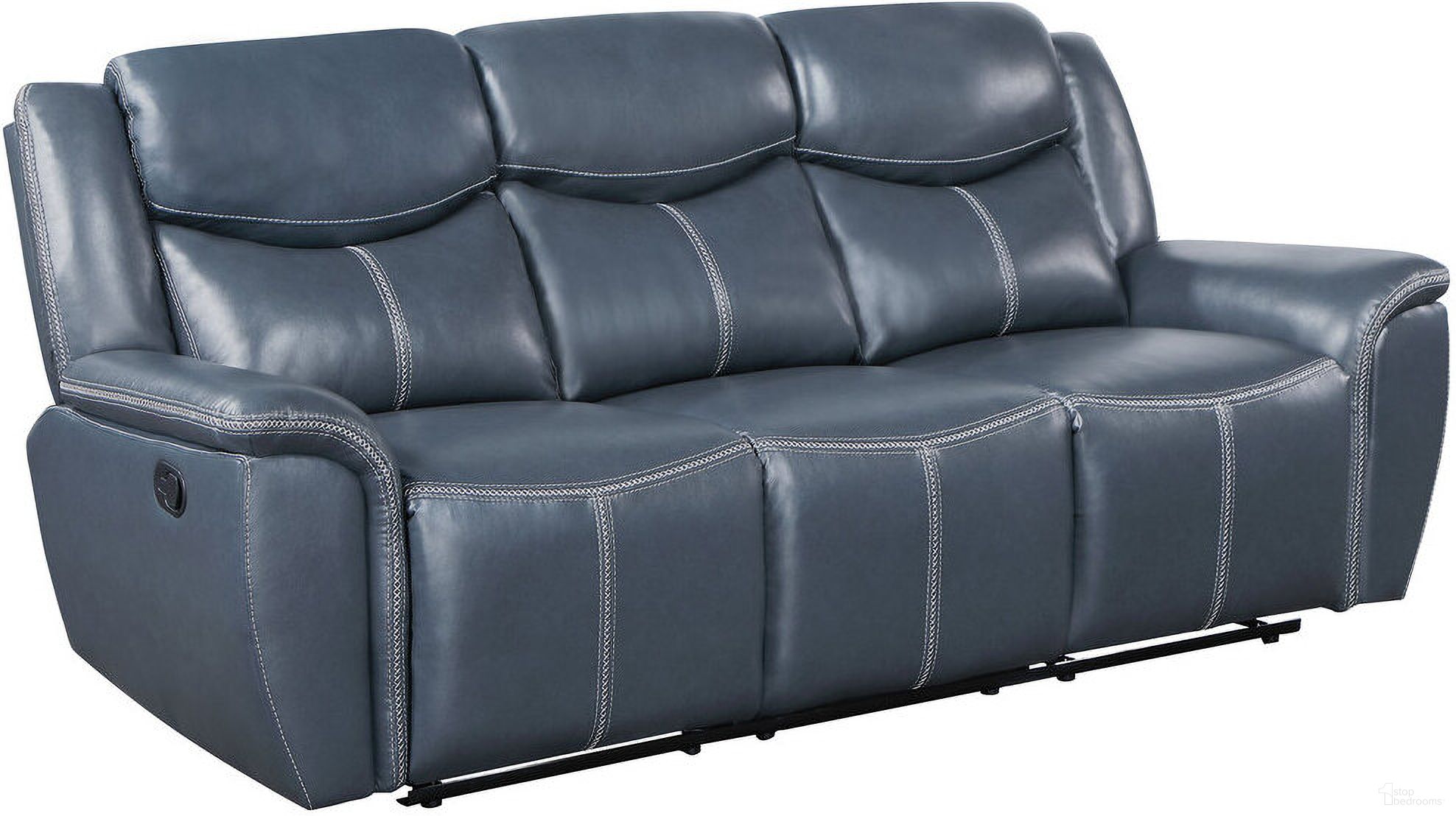 The appearance of Sloane Upholstered Motion Reclining Sofa with Drop Down Table Blue designed by Coaster in the transitional interior design. This blue piece of furniture was selected by 1StopBedrooms from Sloane Collection to add a touch of cosiness and style into your home. Sku: 610271. Material: Leather.