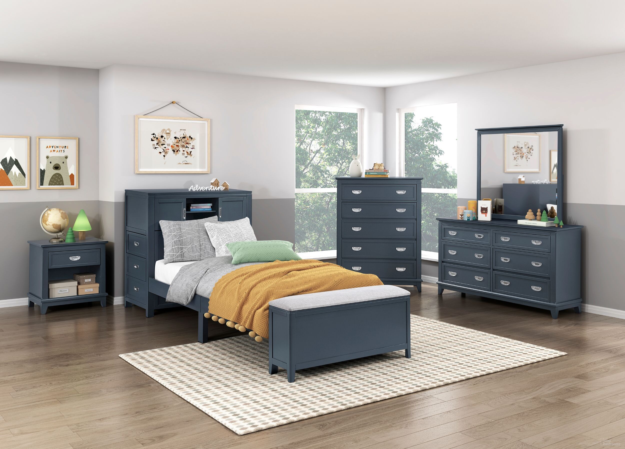 The appearance of Sloane Youth Bookcase Platform Bedroom Set with Hidden Desk, Stool and Bench In Blue designed by Homelegance in the traditional interior design. This blue piece of furniture was selected by 1StopBedrooms from Sloane Collection to add a touch of cosiness and style into your home. Sku: B2024BUBC-1;B2024BUBC-3;B2024BU-4. Material: Wood. Bed Size: Full.