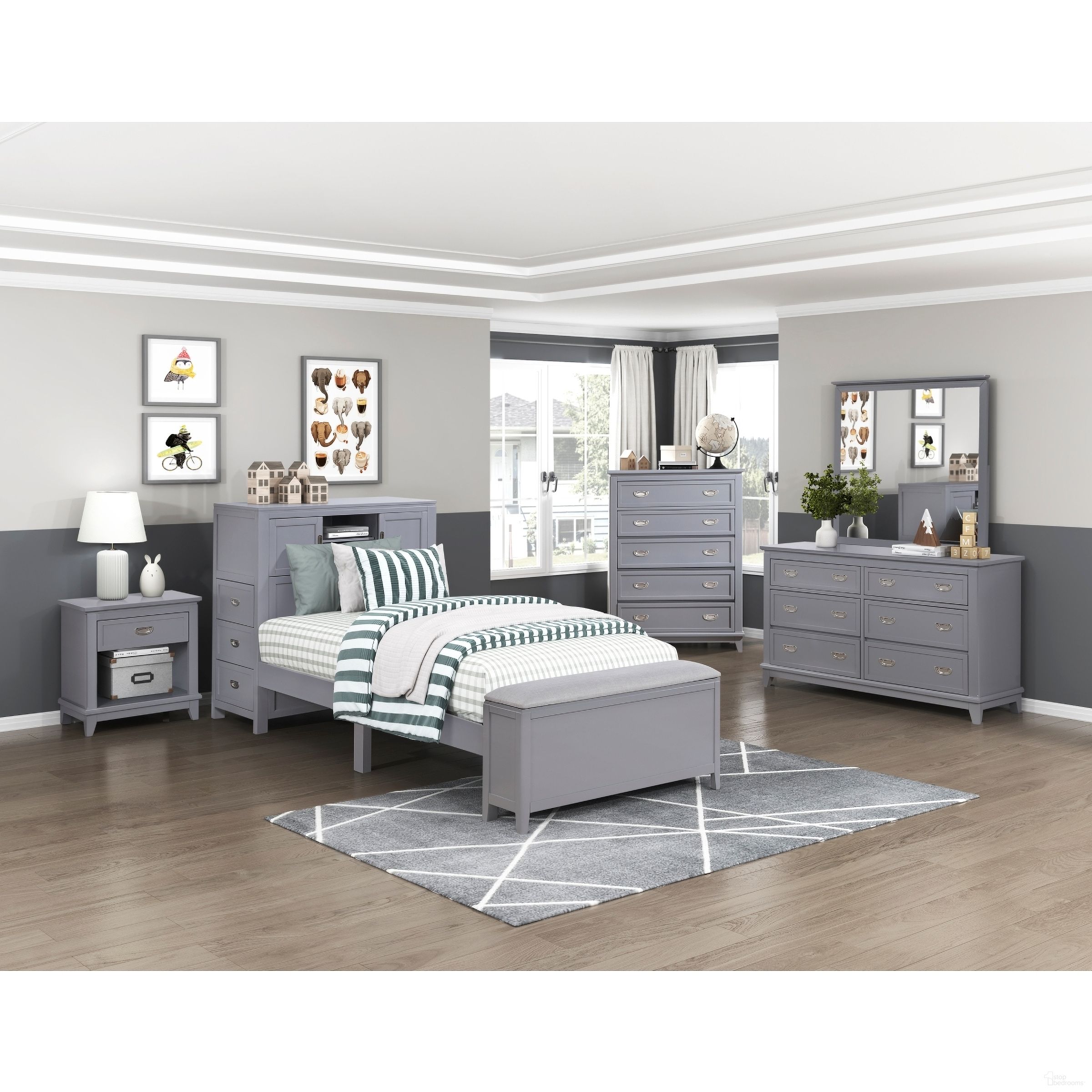 The appearance of Sloane Youth Bookcase Platform Bedroom Set with Hidden Desk, Stool and Bench In Gray designed by Homelegance in the traditional interior design. This gray piece of furniture  was selected by 1StopBedrooms from Sloane Collection to add a touch of cosiness and style into your home. Sku: B2024GYBC-1;B2024GYBC-3;B2024GY-4. Material: Wood. Bed Size: Full.
