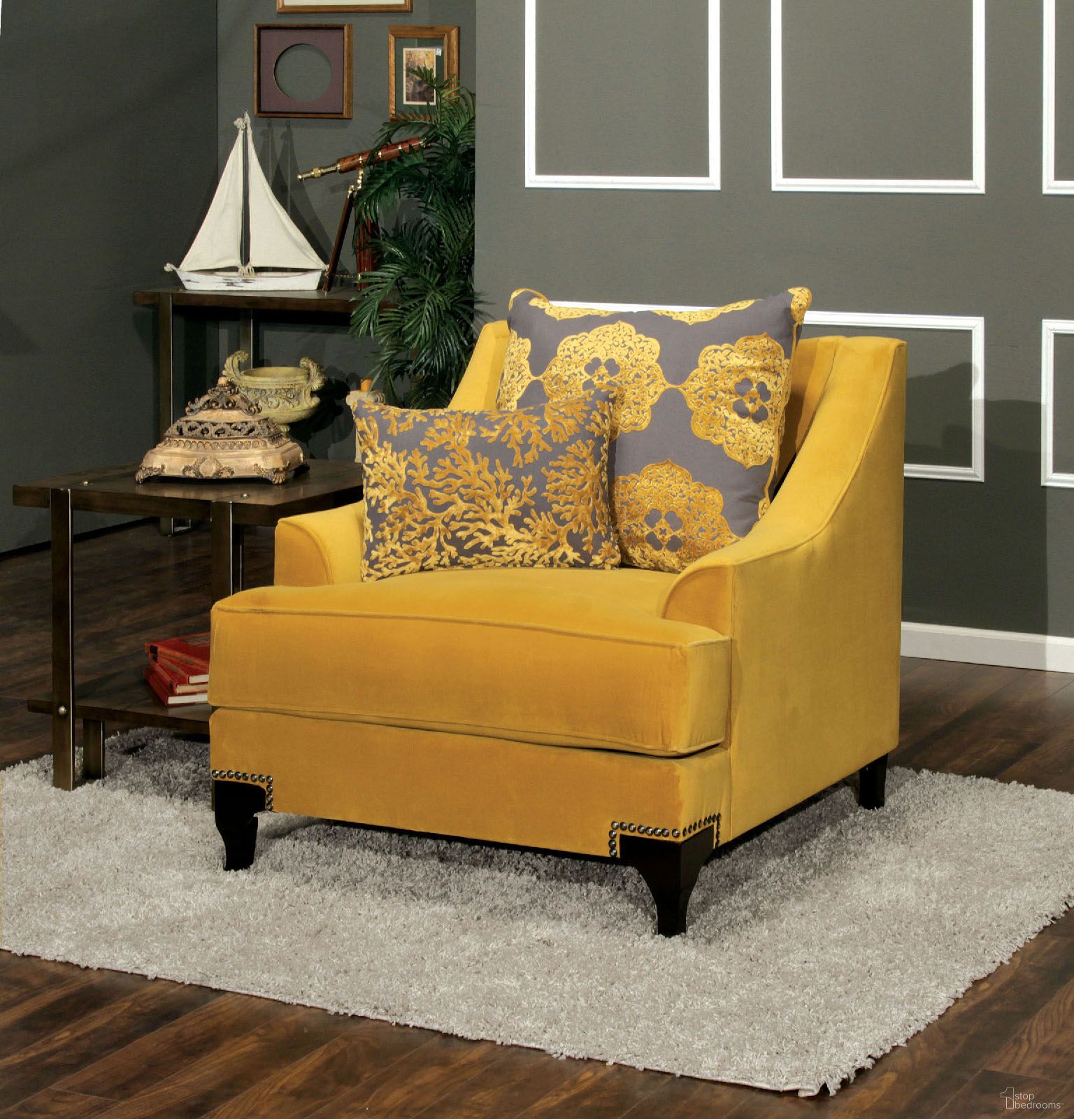 The appearance of Viscontti Gold Chair designed by Furniture of America in the traditional interior design. This gold piece of furniture was selected by 1StopBedrooms from Viscontti Collection to add a touch of cosiness and style into your home. Sku: SM2201-CH. Material: Fabric. Key Features: Nailhead Trim.