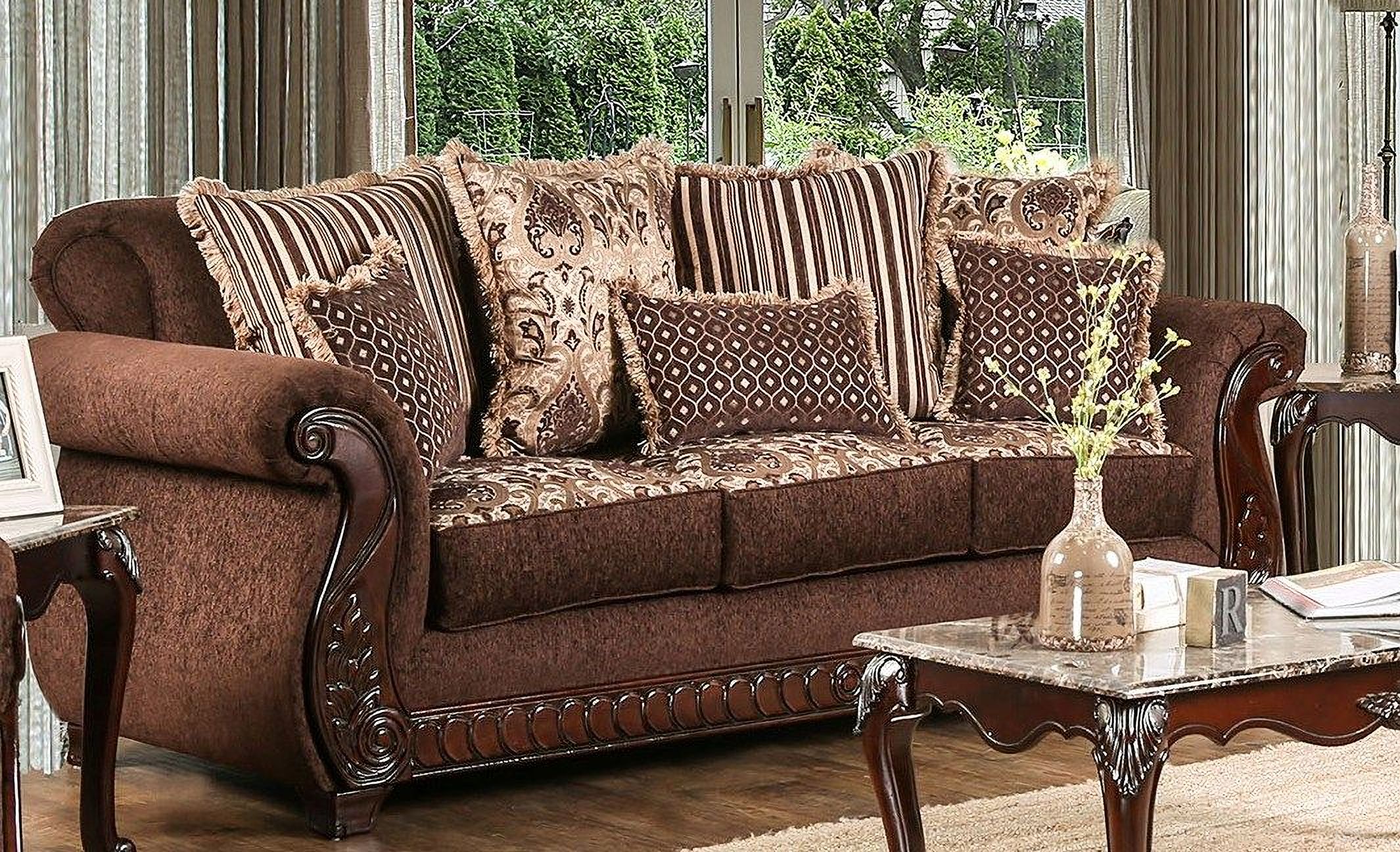 The appearance of Tabitha Brown Sofa designed by Furniture of America in the traditional interior design. This brown piece of furniture  was selected by 1StopBedrooms from Tabitha Collection to add a touch of cosiness and style into your home. Sku: SM6109-SF. Material: Polyester. Key Features: Wood Trim.
