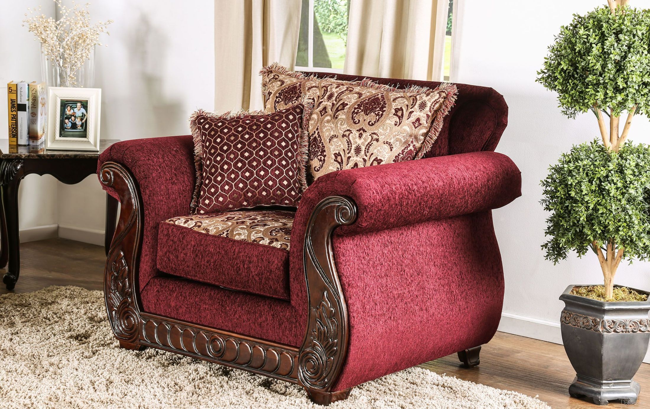 The appearance of Tabitha Wine Chair designed by Furniture of America in the traditional interior design. This red piece of furniture was selected by 1StopBedrooms from Tabitha Collection to add a touch of cosiness and style into your home. Sku: SM6110-CH. Material: Polyester.