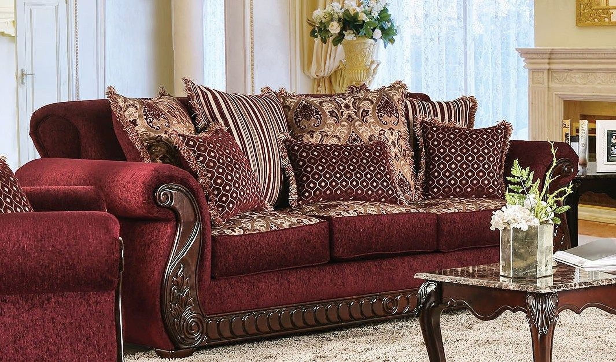 The appearance of Tabitha Wine Sofa designed by Furniture of America in the traditional interior design. This red piece of furniture  was selected by 1StopBedrooms from Tabitha Collection to add a touch of cosiness and style into your home. Sku: SM6110-SF. Material: Polyester. Key Features: Wood Trim.