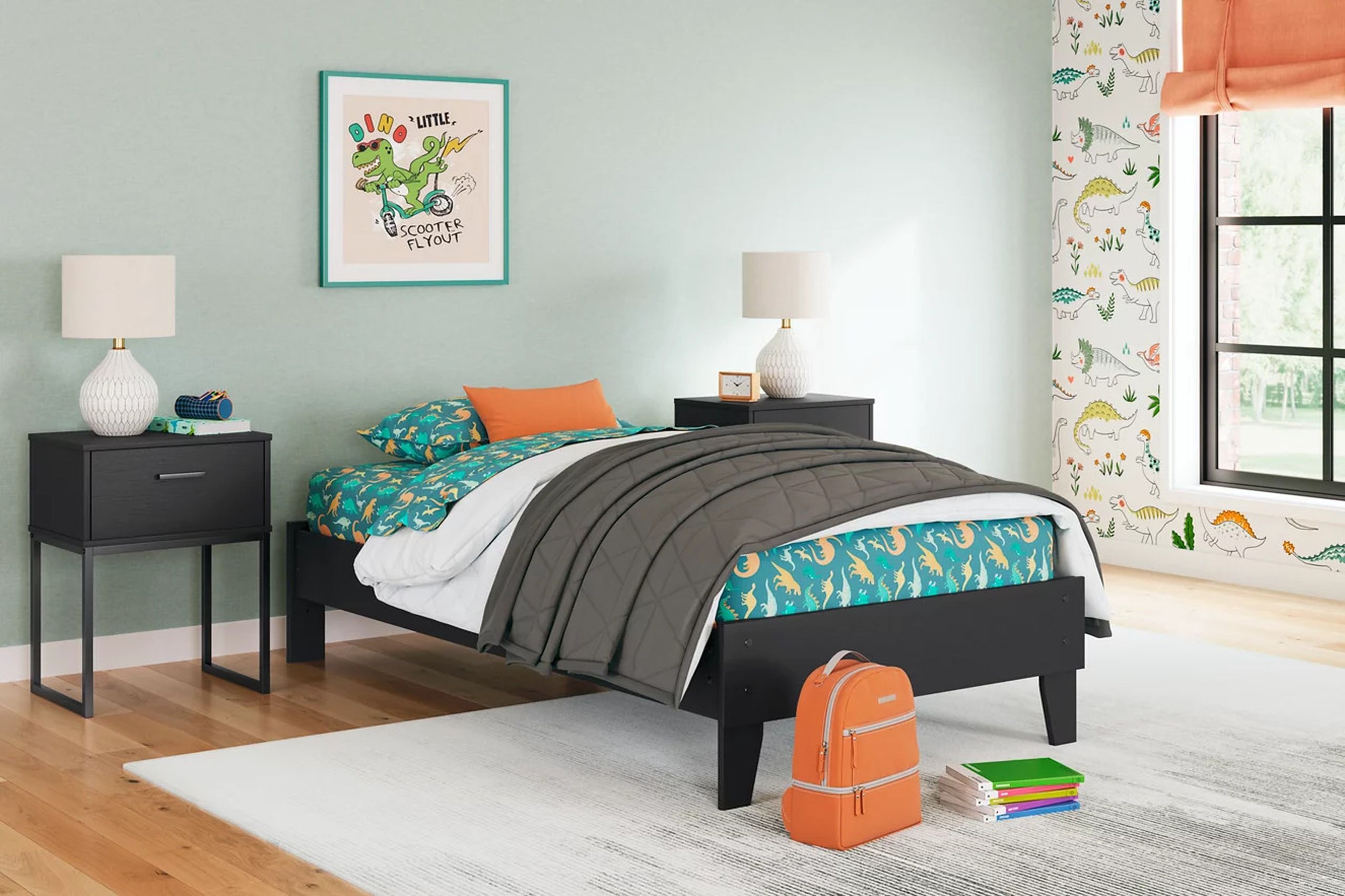 The appearance of Socalle Youth Platform Bedroom Set In Black designed by Signature Design by Ashley in the transitional interior design. This black piece of furniture was selected by 1StopBedrooms from Socalle Collection to add a touch of cosiness and style into your home. Sku: EB1865-111;EB1865-291. Bed Type: Platform Bed. Material: Wood. Bed Size: Twin.