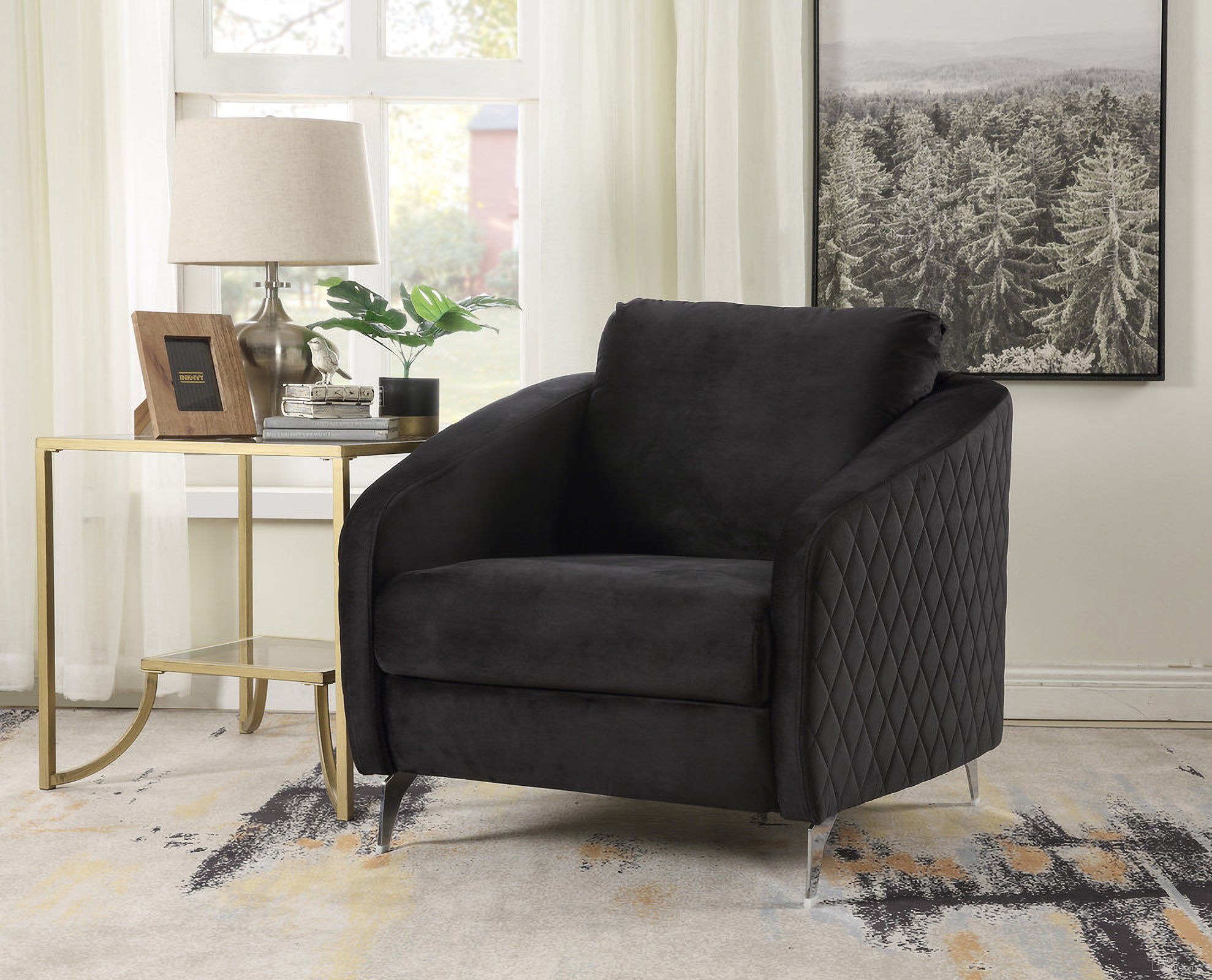 The appearance of Sofia Black Velvet Modern Chic Accent Armchair designed by Lilola Home in the modern / contemporary interior design. This black piece of furniture was selected by 1StopBedrooms from Sofia Collection to add a touch of cosiness and style into your home. Sku: 89721-C. Material: Velvet.