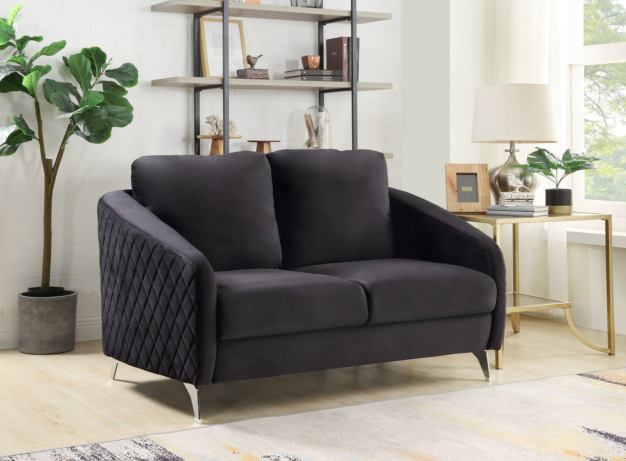 The appearance of Sofia Black Velvet Modern Chic Loveseat Couch designed by Lilola Home in the modern / contemporary interior design. This black piece of furniture  was selected by 1StopBedrooms from Sofia Collection to add a touch of cosiness and style into your home. Sku: 89721-L. Material: Velvet.