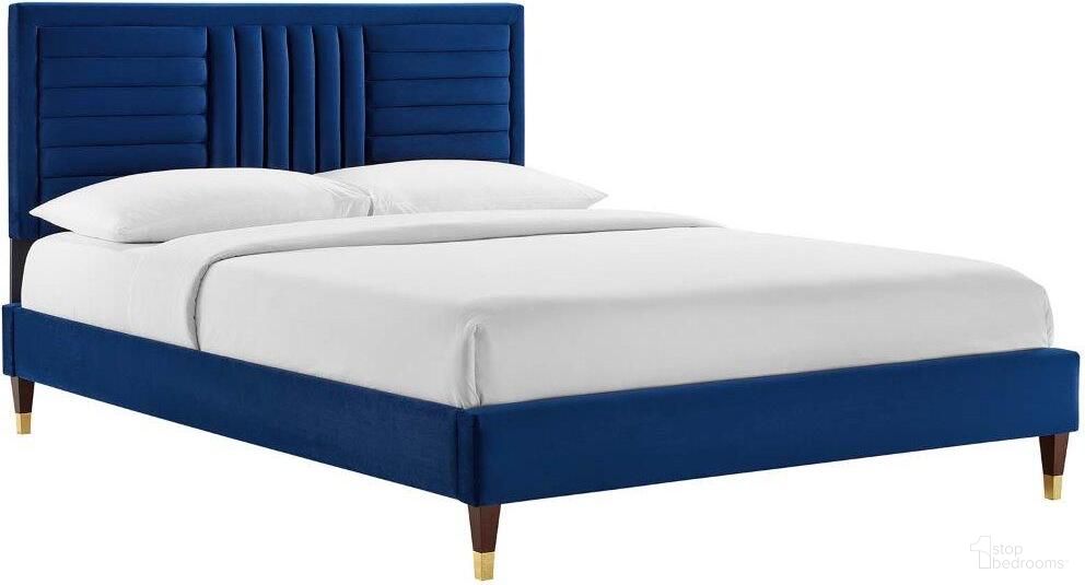 The appearance of Sofia Channel Tufted Performance Velvet Full Platform Bed In Navy MOD-6999-NAV designed by Modway in the transitional interior design. This navy piece of furniture was selected by 1StopBedrooms from Sofia Collection to add a touch of cosiness and style into your home. Sku: MOD-6269-NAV;MOD-6665-NAV. Bed Type: Platform Bed. Bed Size: Full. Material: Plywood.