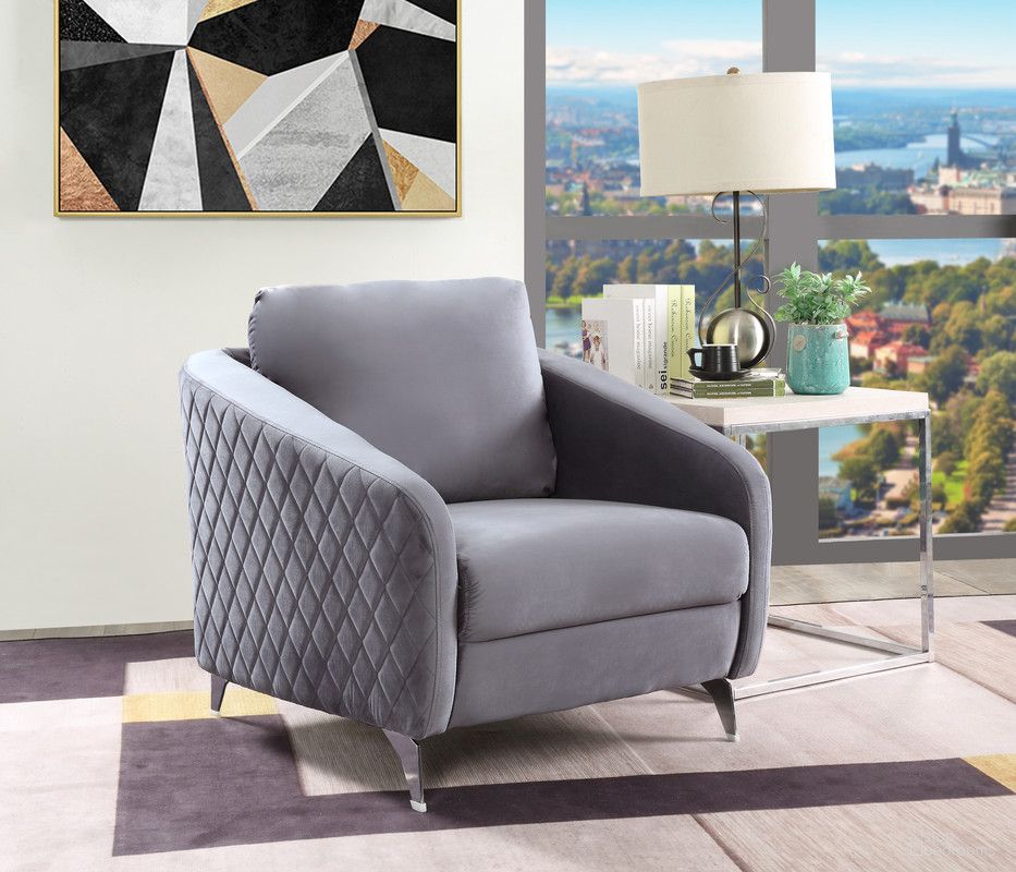 The appearance of Sofia Gray Velvet Modern Chic Accent Armchair designed by Lilola Home in the modern / contemporary interior design. This gray piece of furniture was selected by 1StopBedrooms from Sofia Collection to add a touch of cosiness and style into your home. Sku: 89720-C. Material: Velvet.