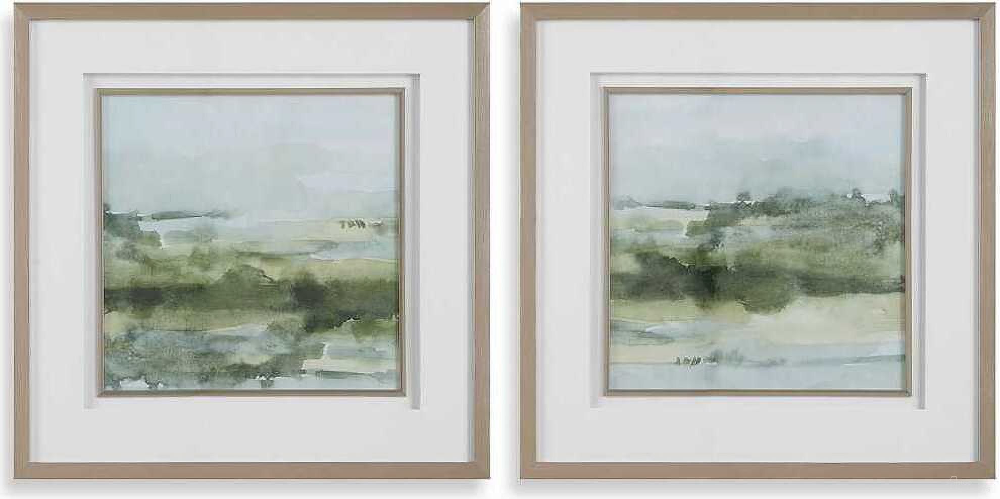 Soft Sage Abstract Landscape Prints Set of 2 In Green and White