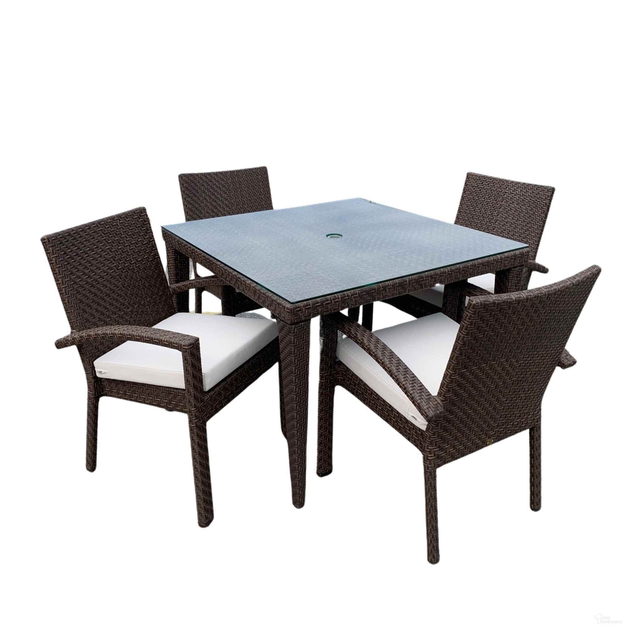 The appearance of Soho 5-Piece Square Dining Arm Chair Set with Cushions In Brown designed by Pelican Reef in the modern / contemporary interior design. This brown piece of furniture was selected by 1StopBedrooms from Soho Collection to add a touch of cosiness and style into your home. Sku: 903-3309-JBP-5DA-CUSH. Material: Aluminum.