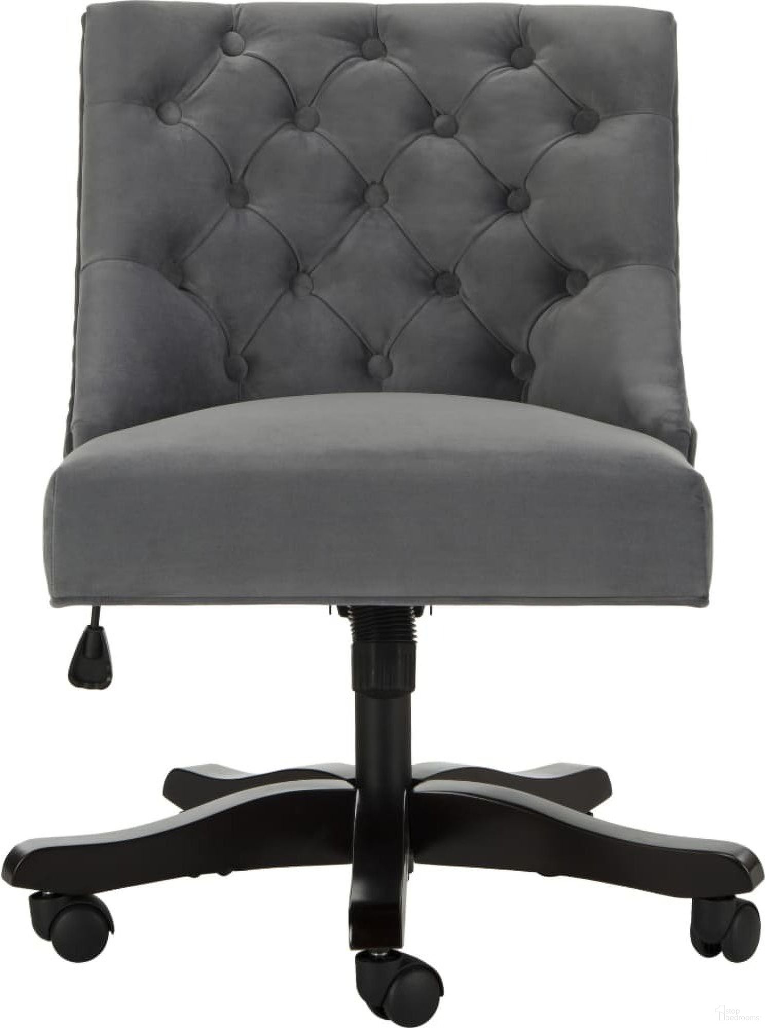 The appearance of Soho Grey Tufted Velvet Swivel Desk Chair designed by Safavieh in the modern / contemporary interior design. This grey piece of furniture was selected by 1StopBedrooms from Soho Collection to add a touch of cosiness and style into your home. Sku: MCR1030B. Material: Wood.