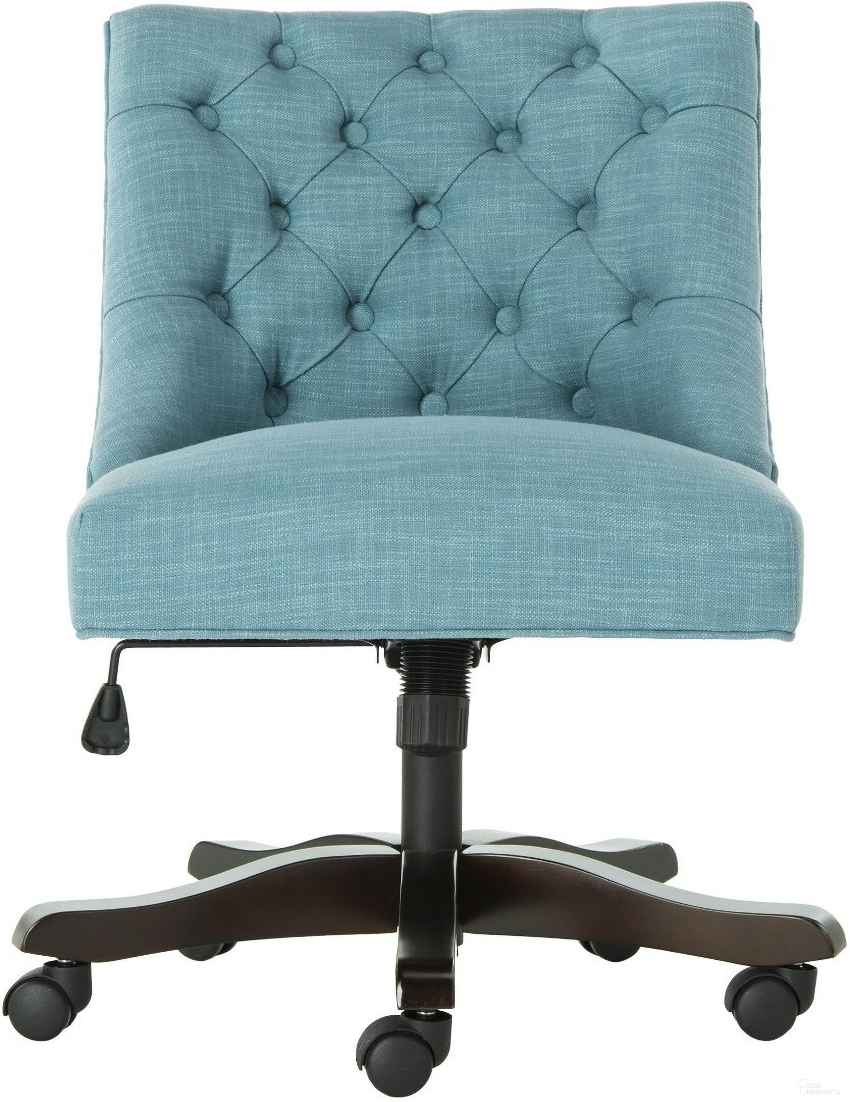 The appearance of Soho Light Blue Tufted Linen Swivel Desk Chair designed by Safavieh in the modern / contemporary interior design. This light blue piece of furniture was selected by 1StopBedrooms from Soho Collection to add a touch of cosiness and style into your home. Sku: MCR1030E. Material: Wood.