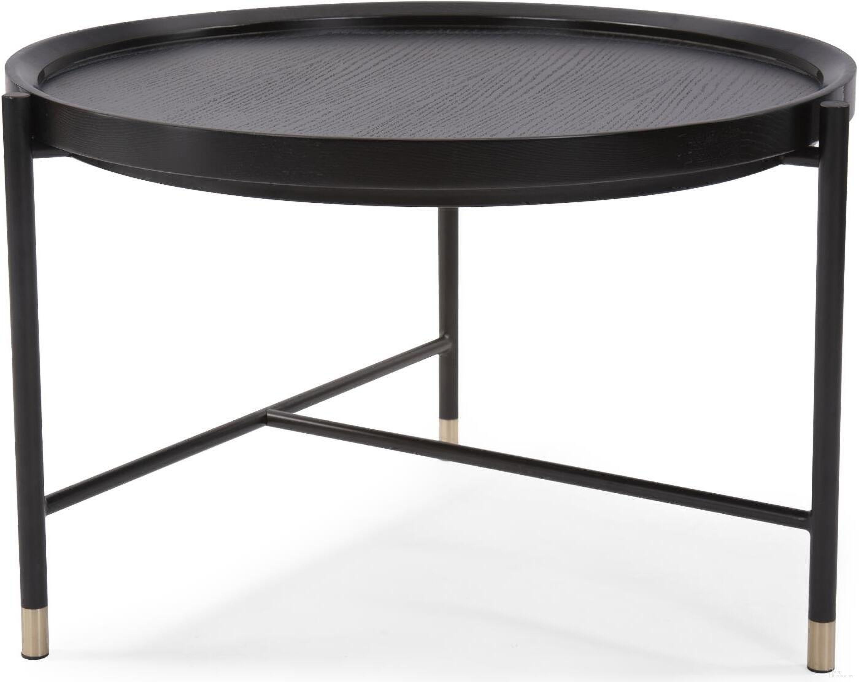 The appearance of Soho Round Coffee Table In Dark Ash and Brass designed by Howard Elliott in the modern / contemporary interior design. This dark ash/brass piece of furniture  was selected by 1StopBedrooms from Soho Collection to add a touch of cosiness and style into your home. Sku: 36063. Material: Wood.