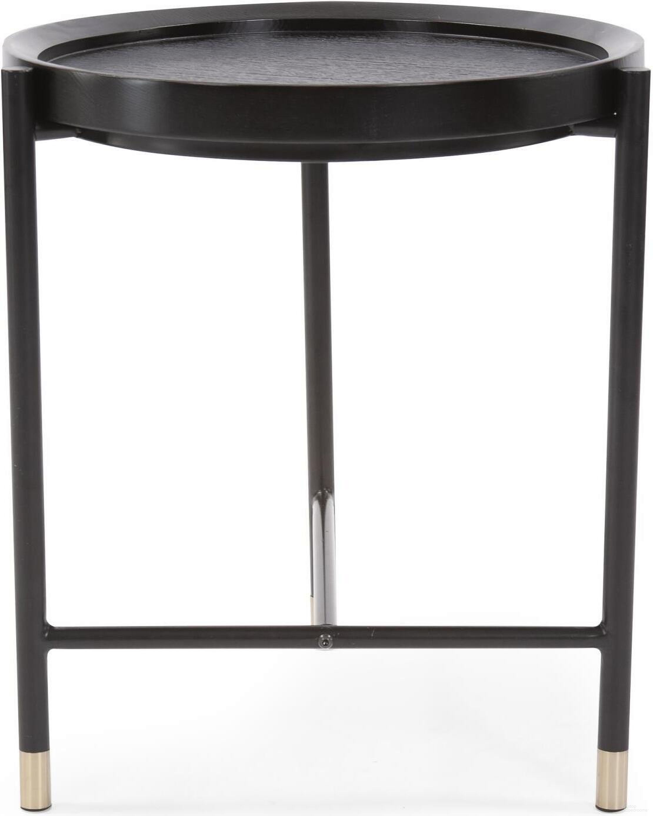 The appearance of Soho Round Side Table In Dark Ash and Brass designed by Howard Elliott in the modern / contemporary interior design. This dark ash/brass piece of furniture  was selected by 1StopBedrooms from Soho Collection to add a touch of cosiness and style into your home. Sku: 36064. Material: Wood.