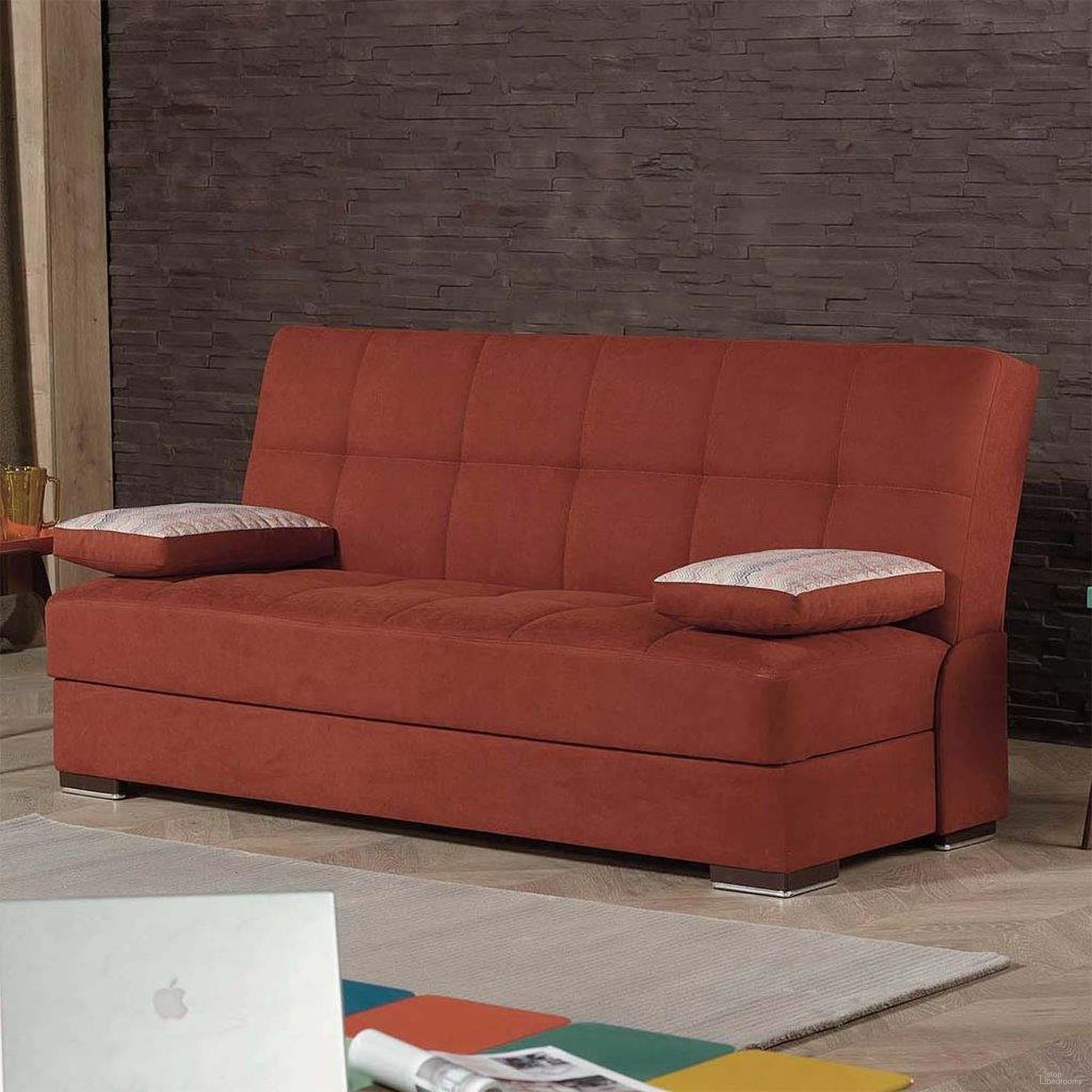 The appearance of Soho Upholstered Convertible Sofabed with Storage In Orange designed by Casamode in the modern / contemporary interior design. This orange piece of furniture was selected by 1StopBedrooms from Soho Collection to add a touch of cosiness and style into your home. Sku: SOHO-SB-OR. Material: Chenille.