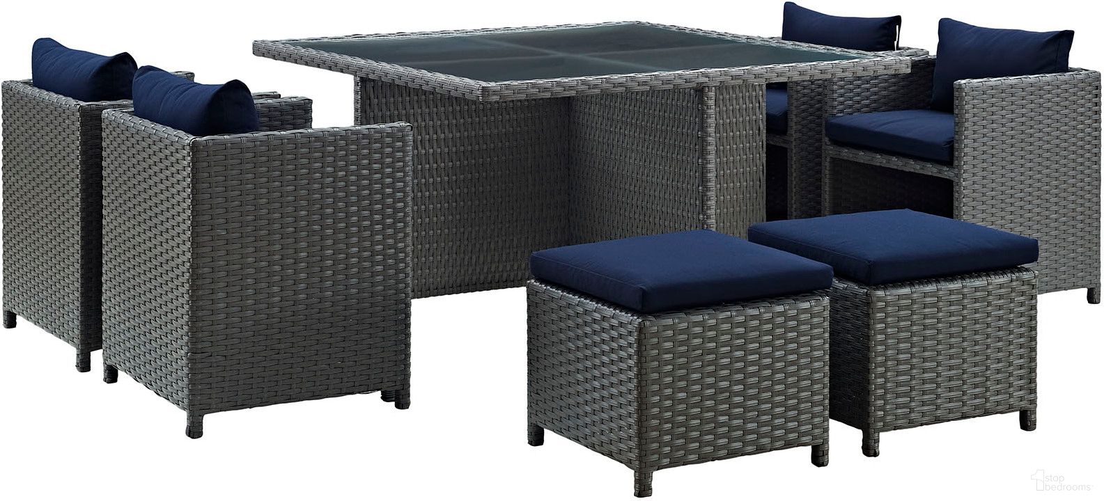 The appearance of Sojourn Canvas Navy 9 Piece Outdoor Patio Sunbrella Dining Set EEI-1946-CHC-NAV-SET designed by Modway in the modern / contemporary interior design. This canvas navy piece of furniture was selected by 1StopBedrooms from Sojourn Collection to add a touch of cosiness and style into your home. Sku: EEI-1946-CHC-Y;EEI-1950-NAV-Y. Table Base Style: Pedestal. Table Top Shape: Square. Material: Rattan.