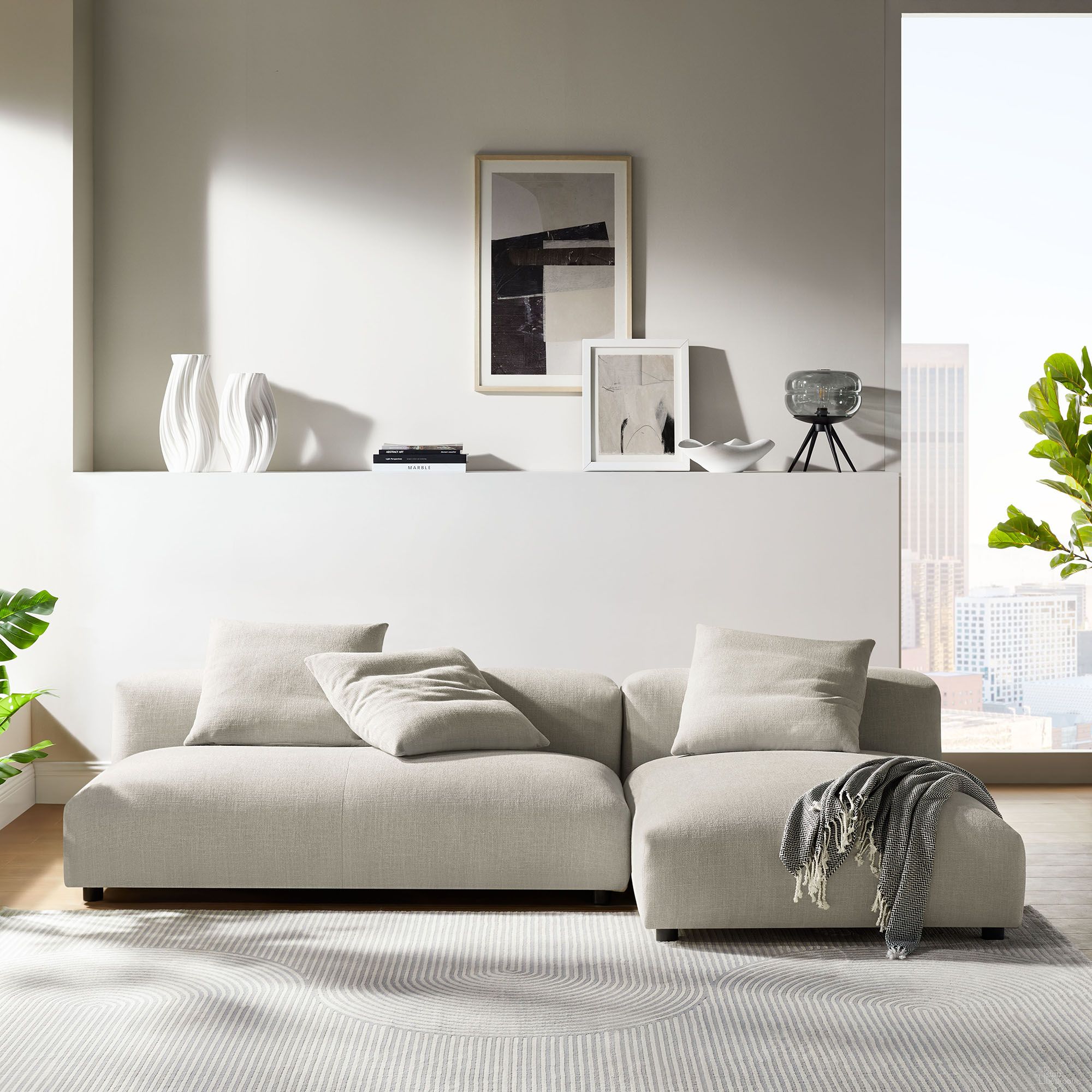 The appearance of Solace 2-Piece Modular Upholstered Fabric Sectional Sofa With Chaise In Linen designed by Modway in the modern / contemporary interior design. This linen piece of furniture was selected by 1StopBedrooms from Solace Collection to add a touch of cosiness and style into your home. Sku: EEI-6887-LIN;EEI-6891-LIN. Material: Textured.