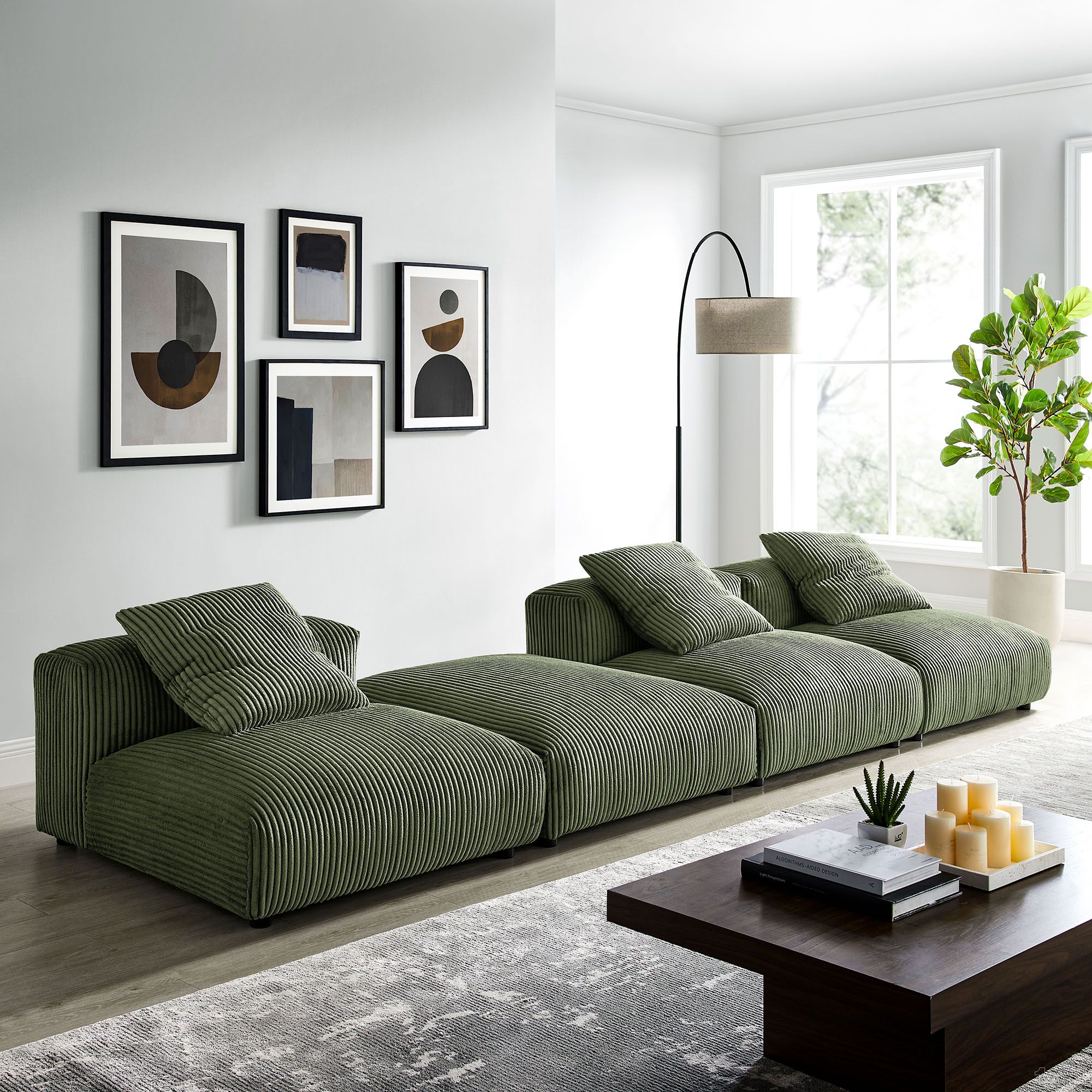 The appearance of Solace 4-Piece Modular Corduroy Upholstered Sectional Sofa In Fern designed by Modway in the modern / contemporary interior design. This fern piece of furniture was selected by 1StopBedrooms from Solace Collection to add a touch of cosiness and style into your home. Sku: EEI-6884-FRN;EEI-6888-FRN;EEI-6884-FRN;EEI-6884-FRN. Material: Corduroy.