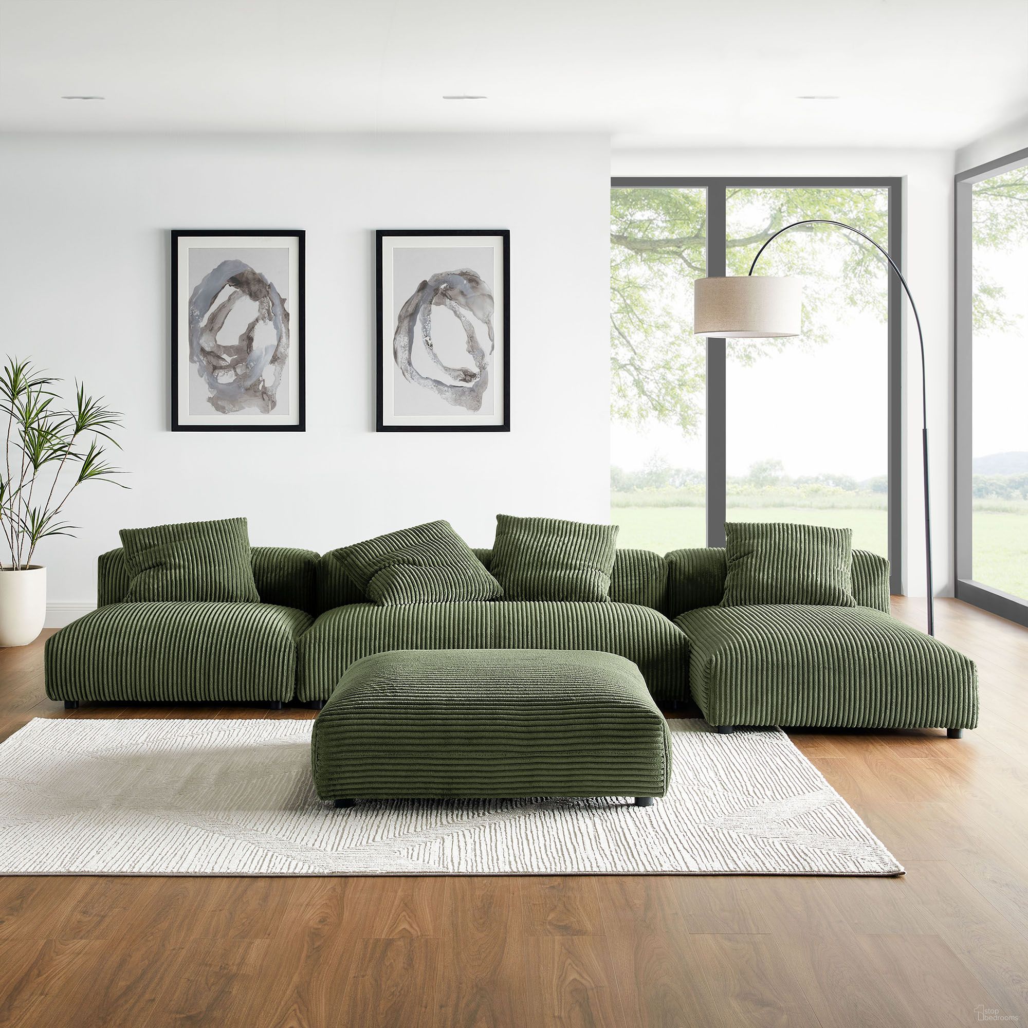 The appearance of Solace 4-Piece Modular Corduroy Upholstered Sectional Sofa With Ottoman In Fern designed by Modway in the modern / contemporary interior design. This fern piece of furniture was selected by 1StopBedrooms from Solace Collection to add a touch of cosiness and style into your home. Sku: EEI-6884-FRN;EEI-6886-FRN;EEI-6888-FRN;EEI-6890-FRN. Material: Corduroy.
