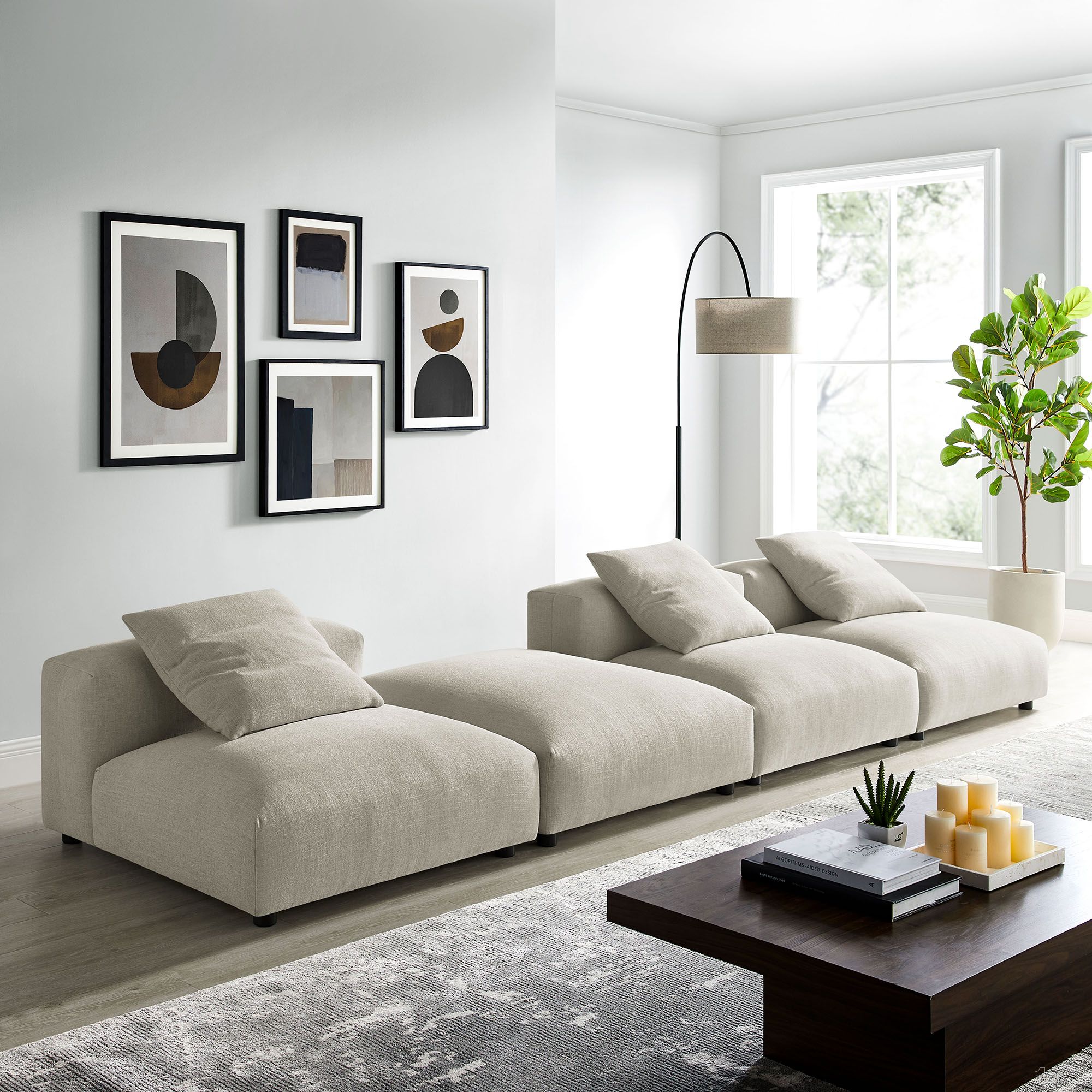 The appearance of Solace 4-Piece Modular Upholstered Fabric Sectional Sofa In Linen designed by Modway in the modern / contemporary interior design. This linen piece of furniture  was selected by 1StopBedrooms from Solace Collection to add a touch of cosiness and style into your home. Sku: EEI-6885-LIN;EEI-6889-LIN;EEI-6885-LIN;EEI-6885-LIN. Material: Textured.