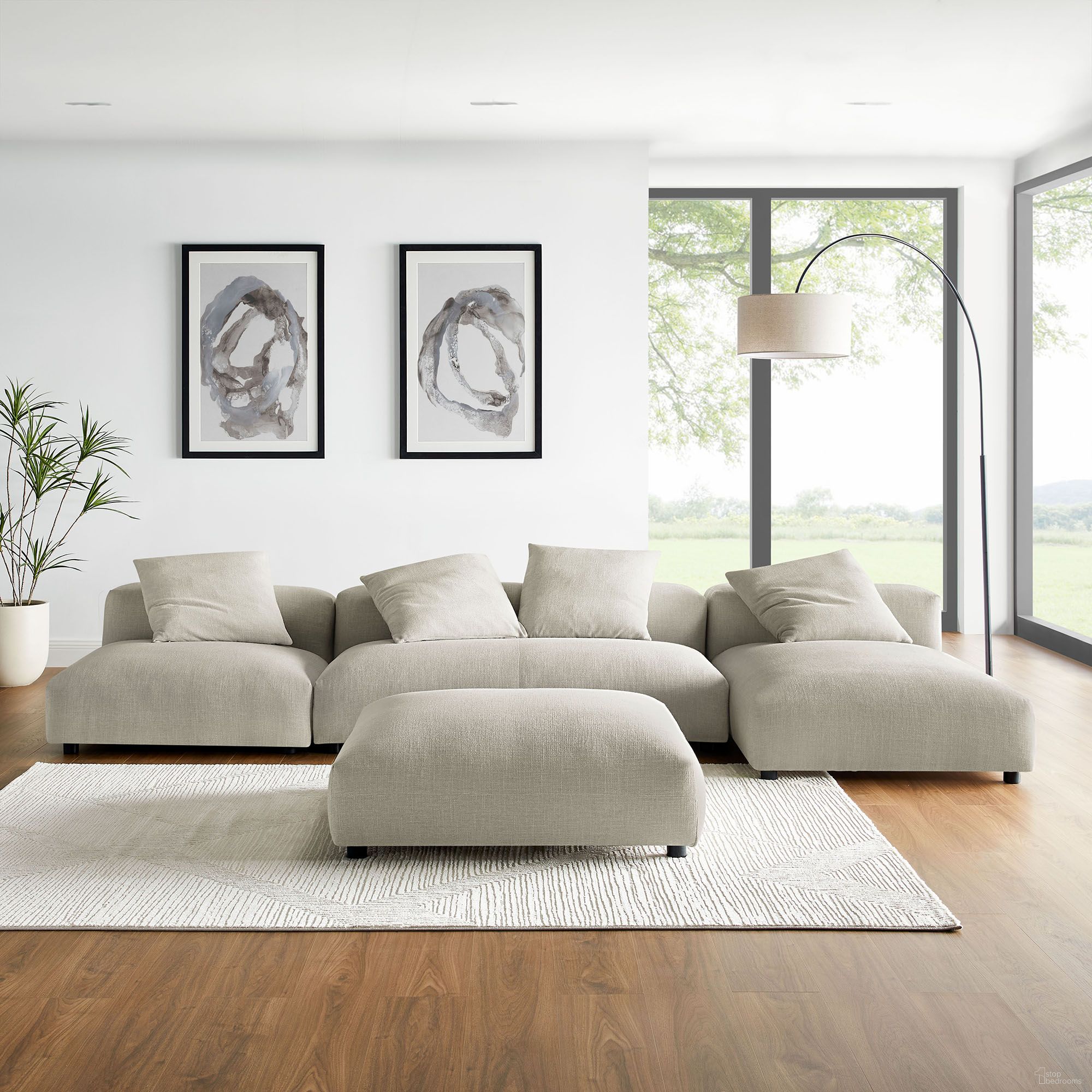 The appearance of Solace 4-Piece Modular Upholstered Fabric Sectional Sofa With Ottoman In Linen designed by Modway in the modern / contemporary interior design. This linen piece of furniture  was selected by 1StopBedrooms from Solace Collection to add a touch of cosiness and style into your home. Sku: EEI-6885-LIN;EEI-6887-LIN;EEI-6889-LIN;EEI-6891-LIN. Material: Textured.