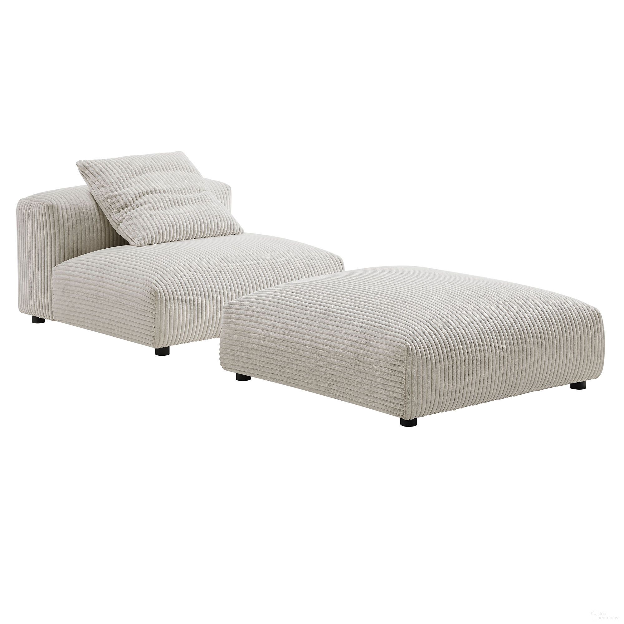The appearance of Solace Modular Corduroy Upholstered Armless Chair and Ottoman Set In Almond designed by Modway in the modern / contemporary interior design. This almond piece of furniture  was selected by 1StopBedrooms from Solace Collection to add a touch of cosiness and style into your home. Sku: EEI-6884-ALM;EEI-6888-ALM. Material: Upholstered.