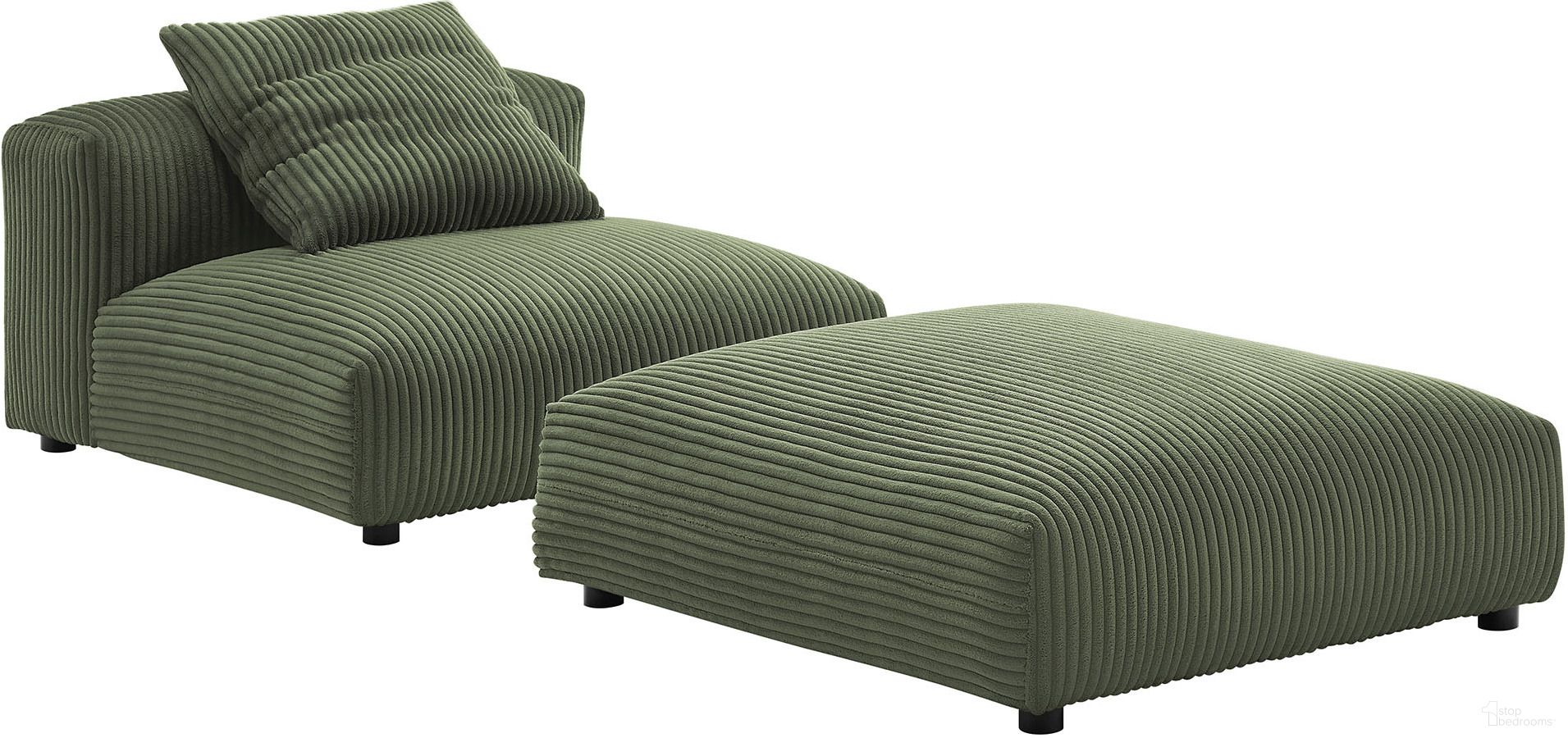 The appearance of Solace Modular Corduroy Upholstered Armless Chair and Ottoman Set In Fern designed by Modway in the modern / contemporary interior design. This fern piece of furniture was selected by 1StopBedrooms from Solace Collection to add a touch of cosiness and style into your home. Sku: EEI-6884-FRN;EEI-6888-FRN. Material: Upholstered.