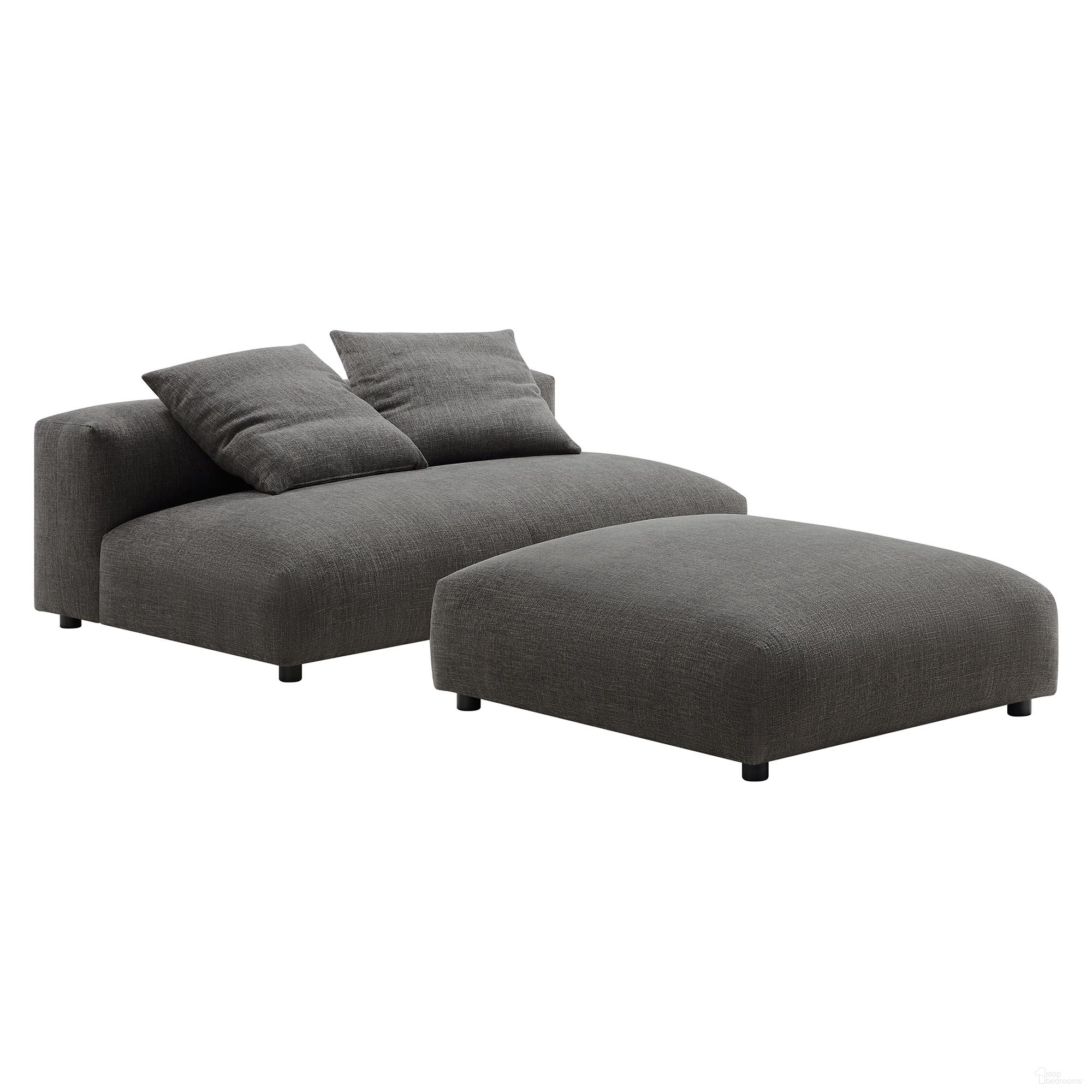 The appearance of Solace Modular Upholstered Fabric Armless Loveseat and Ottoman Set In Charcoal designed by Modway in the modern / contemporary interior design. This charcoal piece of furniture  was selected by 1StopBedrooms from Solace Collection to add a touch of cosiness and style into your home. Sku: EEI-6889-CHA;EEI-6891-CHA. Material: Fabric.