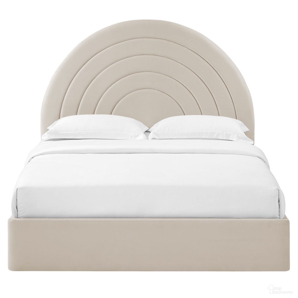 The appearance of Solana Arched Performance Velvet Queen Platform Bed In Almond designed by Modway in the modern / contemporary interior design. This almond piece of furniture was selected by 1StopBedrooms from Solana Collection to add a touch of cosiness and style into your home. Sku: MOD-7167-ALM-1;MOD-7167-ALM-2. Bed Type: Platform Bed. Bed Size: Queen. Material: Velvet.