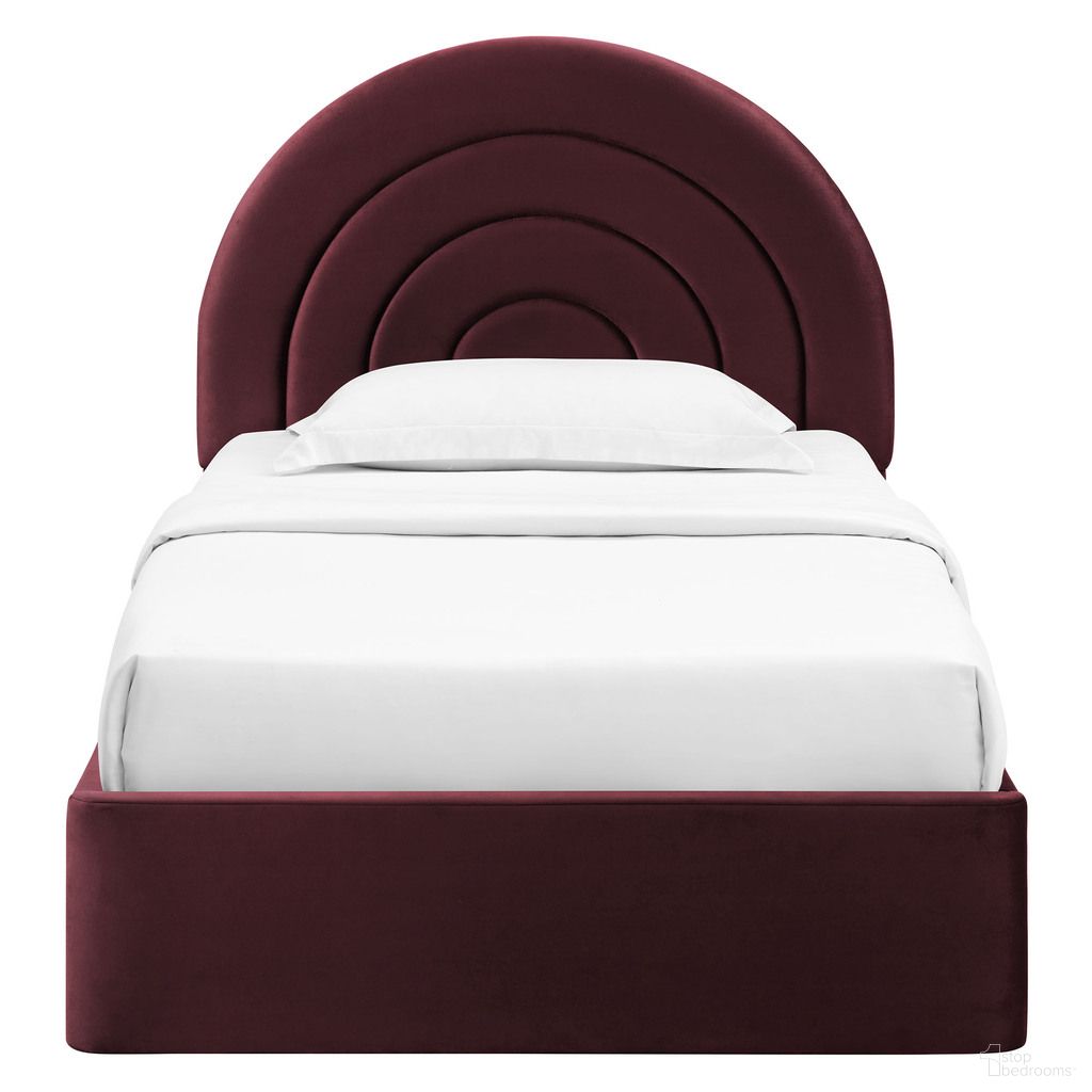 The appearance of Solana Arched Performance Velvet Twin Platform Bed In Mulberry designed by Modway in the modern / contemporary interior design. This mulberry piece of furniture  was selected by 1StopBedrooms from Solana Collection to add a touch of cosiness and style into your home. Sku: MOD-7165-MUL-1;MOD-7165-MUL-2. Bed Type: Platform Bed. Bed Size: Twin. Material: Velvet.