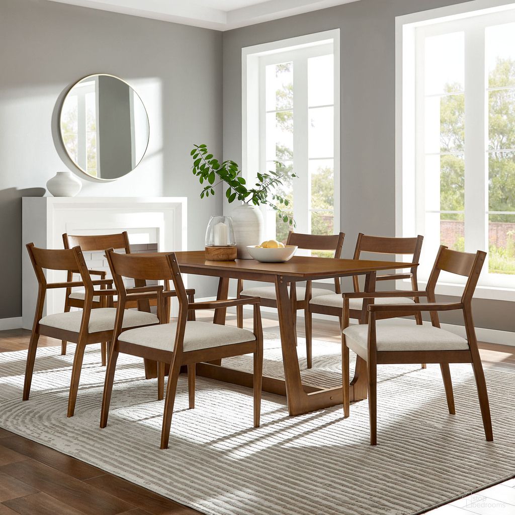 Solara 7-Piece Wood Dining Set With Fabric Upholstered Armchairs In Walnut and Heathered Weave Beige