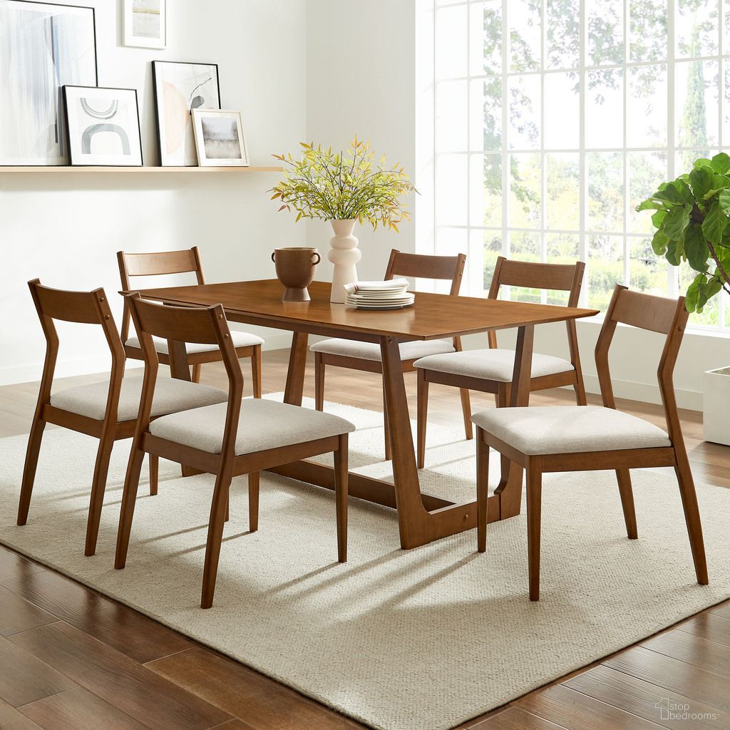 Solara 7-Piece Wood Dining Set With Fabric Upholstered Side Chairs In Walnut and Heathered Weave Beige