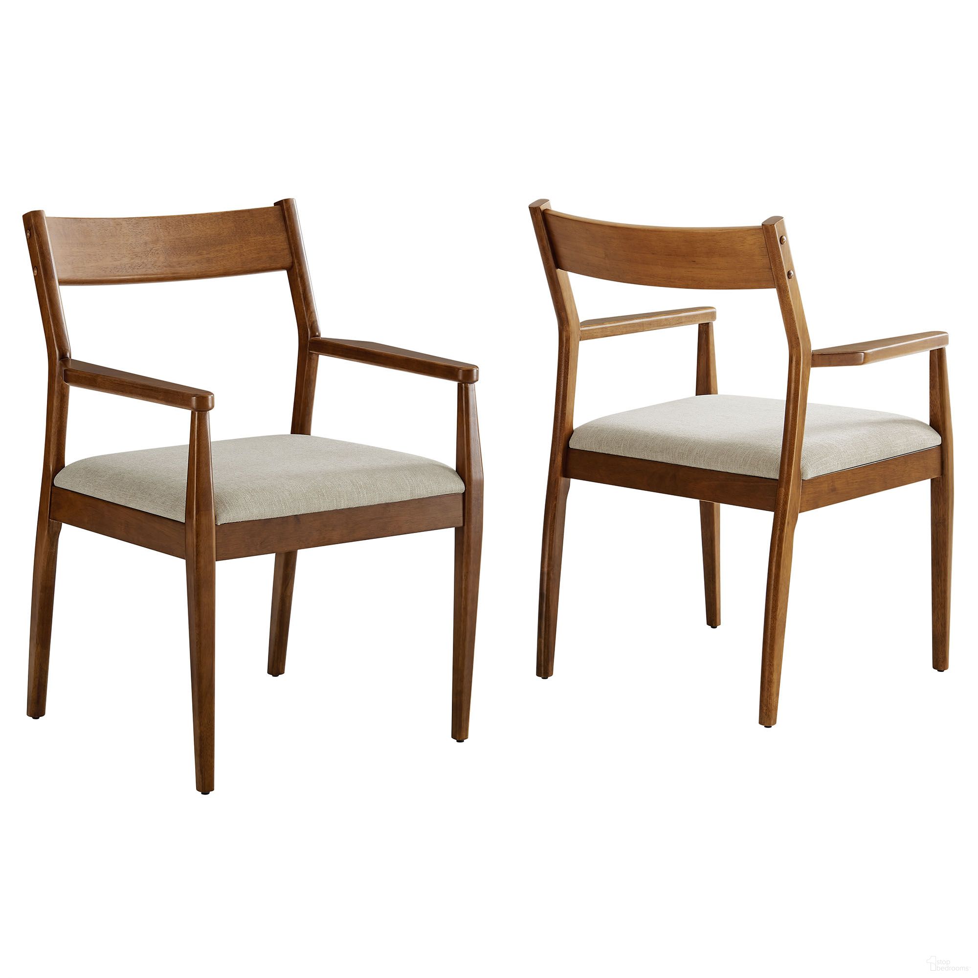Solara Fabric Wood Dining Armchairs Set of 2 In Walnut and Heathered Weave Beige