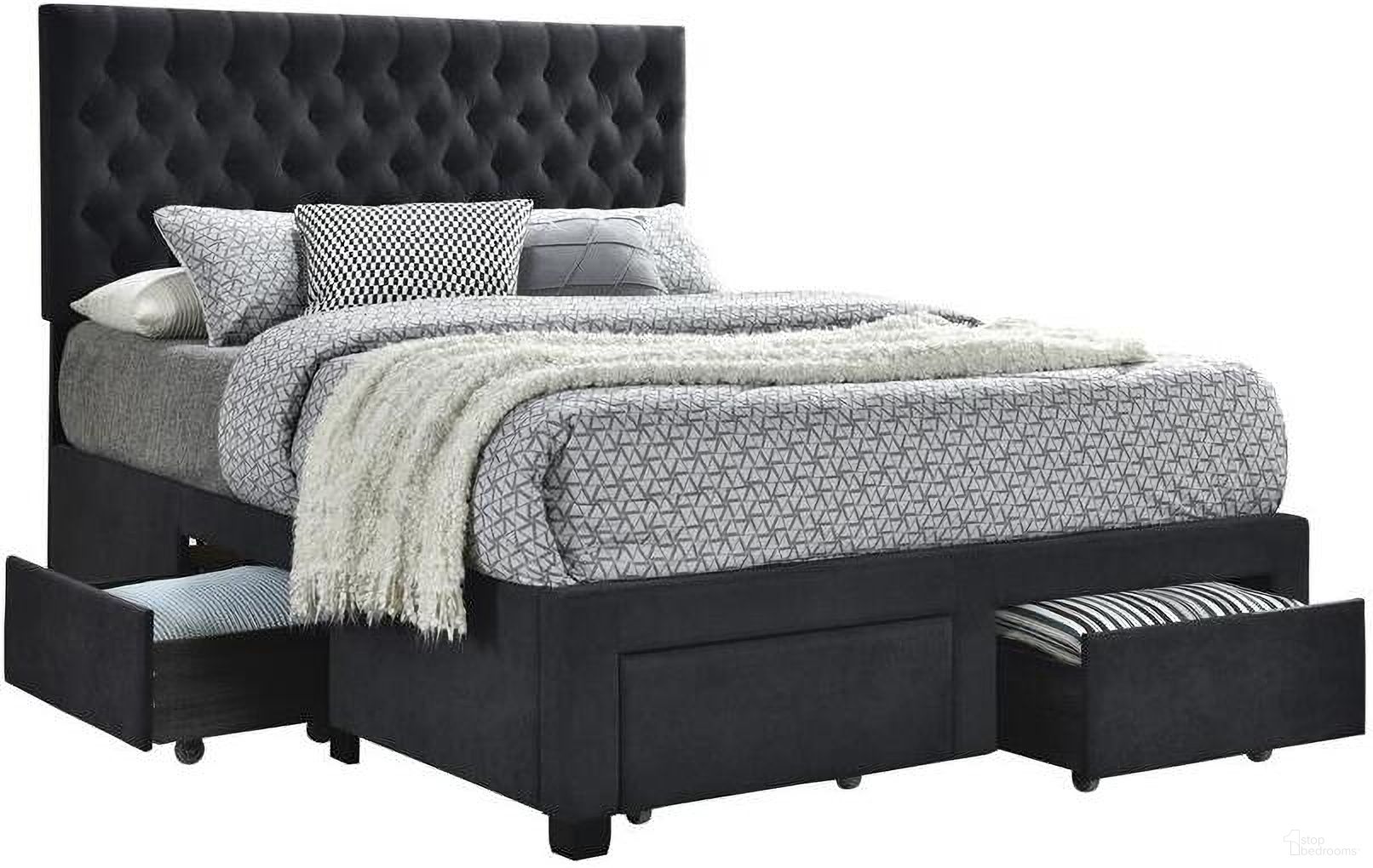 The appearance of Soledad Eastern King 4-drawer Button Tufted Storage Bed Charcoal designed by Coaster in the glam interior design. This grey piece of furniture was selected by 1StopBedrooms from Soledad Collection to add a touch of cosiness and style into your home. Sku: 305877KEB1;305877KEB2. Bed Type: Storage Bed. Material: Upholstered. Bed Size: King.