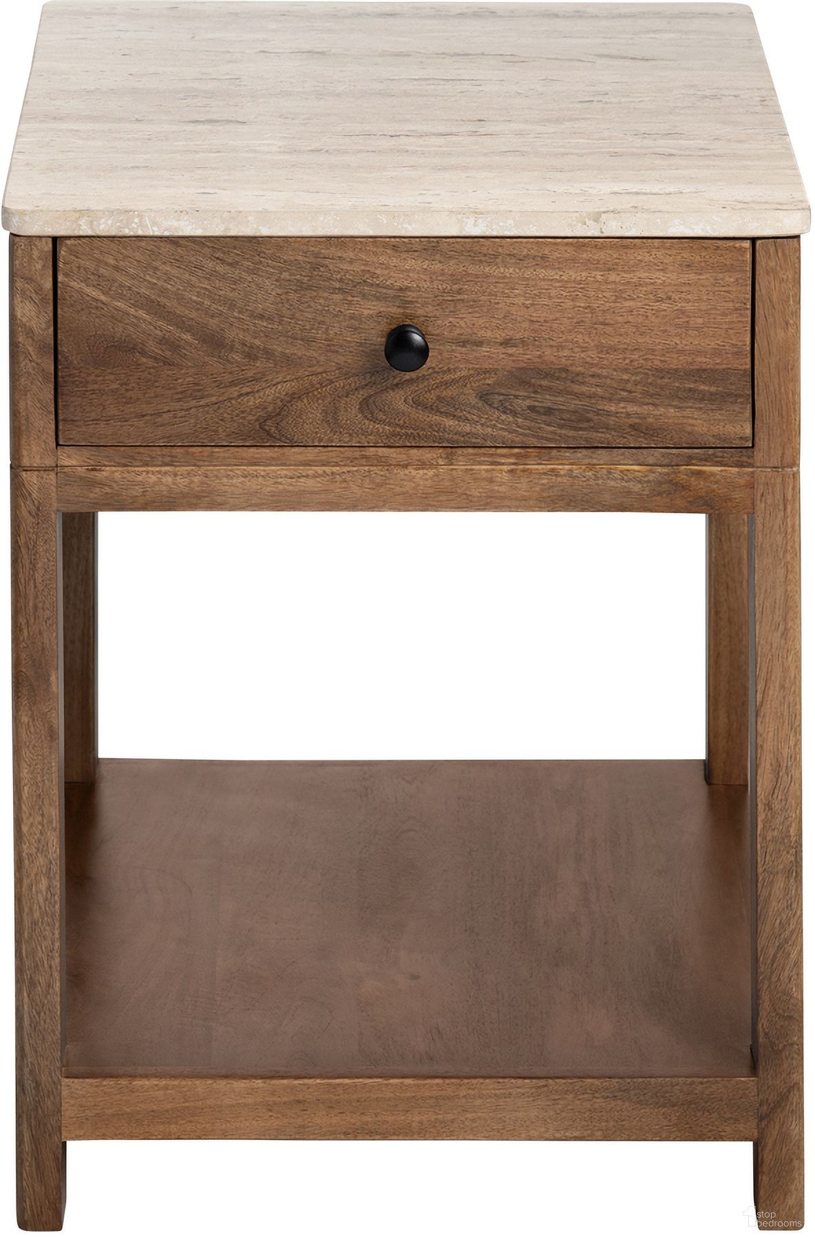 Solid Mango and Travertine 1 Drawer Accent/End Table In Cream and Brown