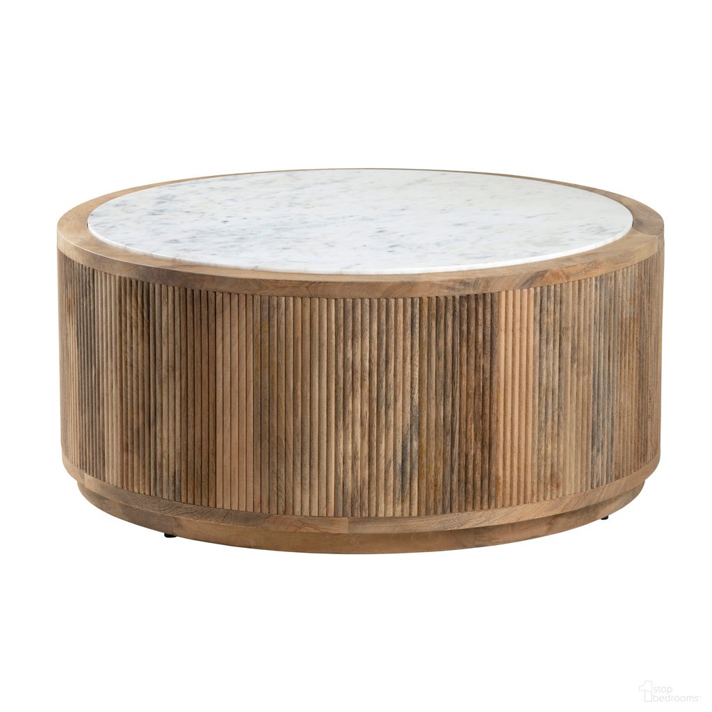 Solid Mango Round Cocktail Table with Marble Top In White and Brown