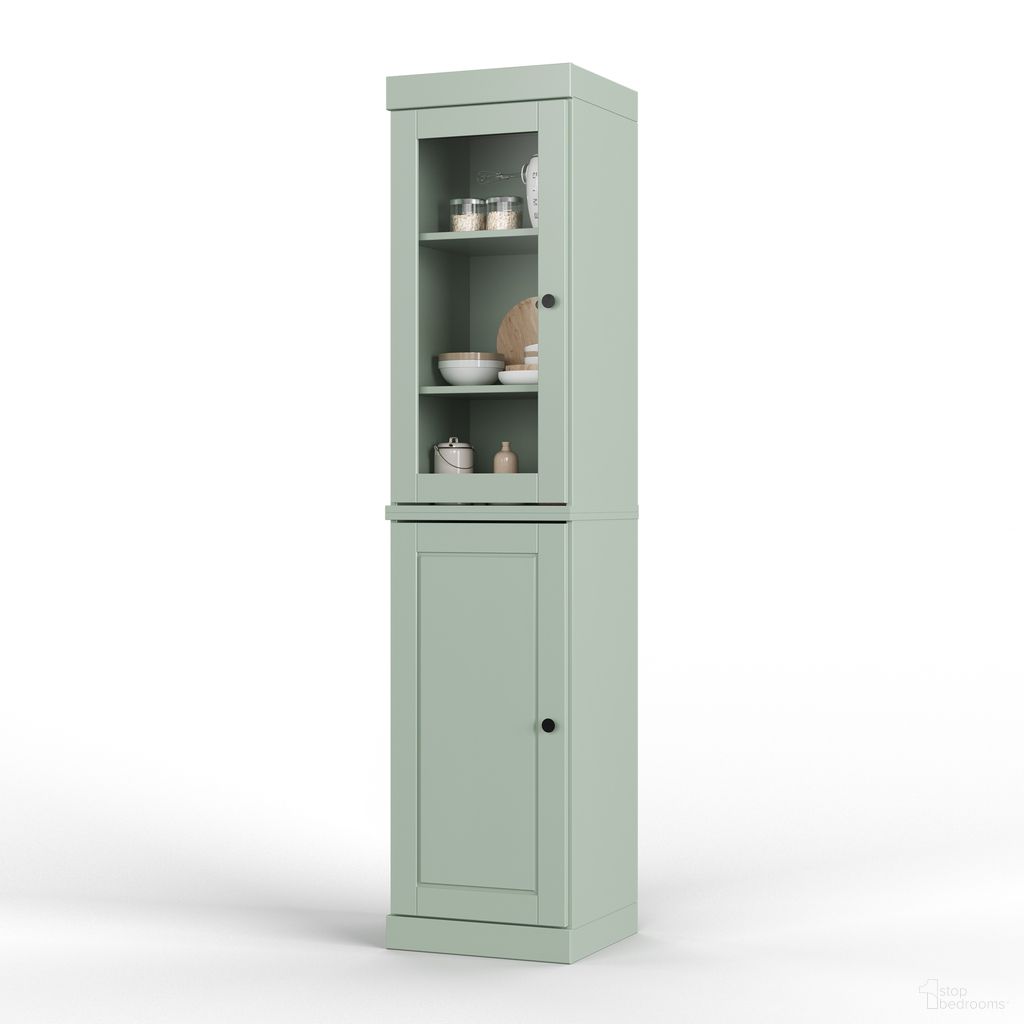 Solid Wood 16.5" Pantry Cabinet With Raised Panel And Clear Glass Doors In Sage