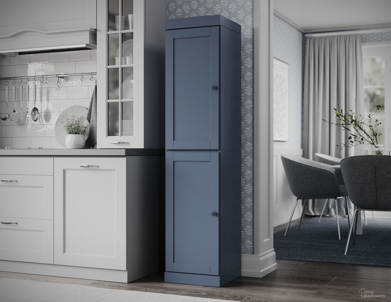 Solid Wood 16.5" Pantry Cabinet With Shaker Doors And Adjustable Shelves In Antique Blue