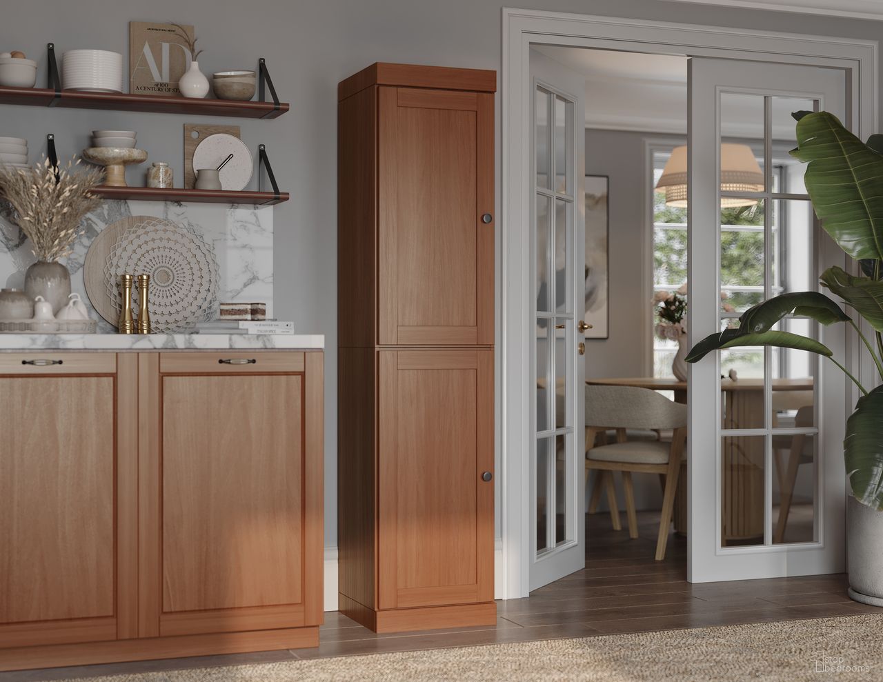 The appearance of Solid Wood 16.5" Pantry Cabinet With Shaker Doors And Adjustable Shelves In Mocha designed by Palace Imports in the modern / contemporary interior design. This mocha piece of furniture  was selected by 1StopBedrooms from  to add a touch of cosiness and style into your home. Sku: 3173. Material: Solid Pine Wood.